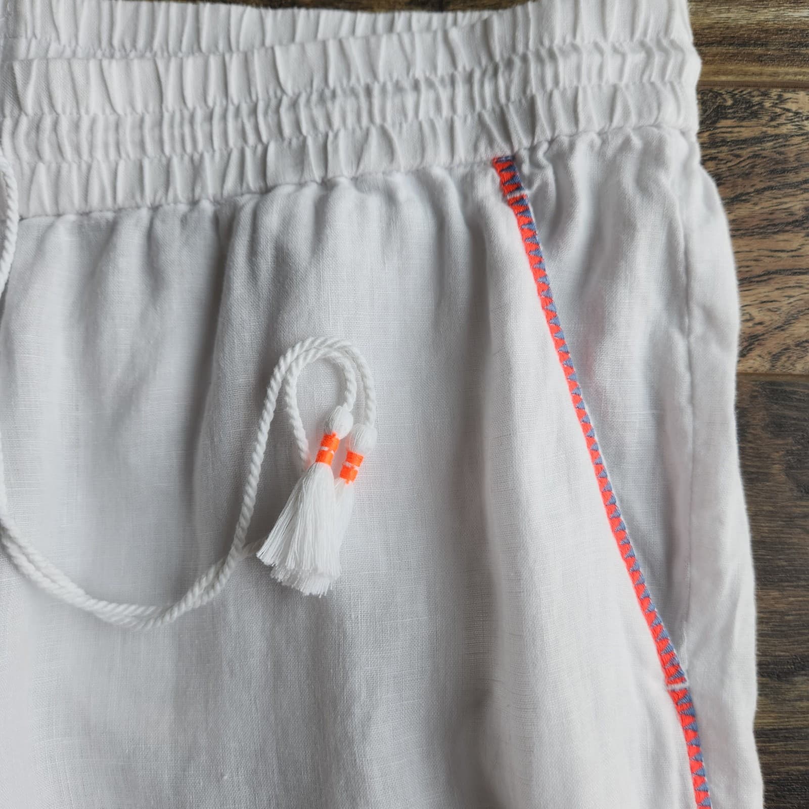 J.Crew 100%Linen Side-Stripe Cropped Pants Elastic Waist Pocket White Sz.M E8821 - Thumbnail 4