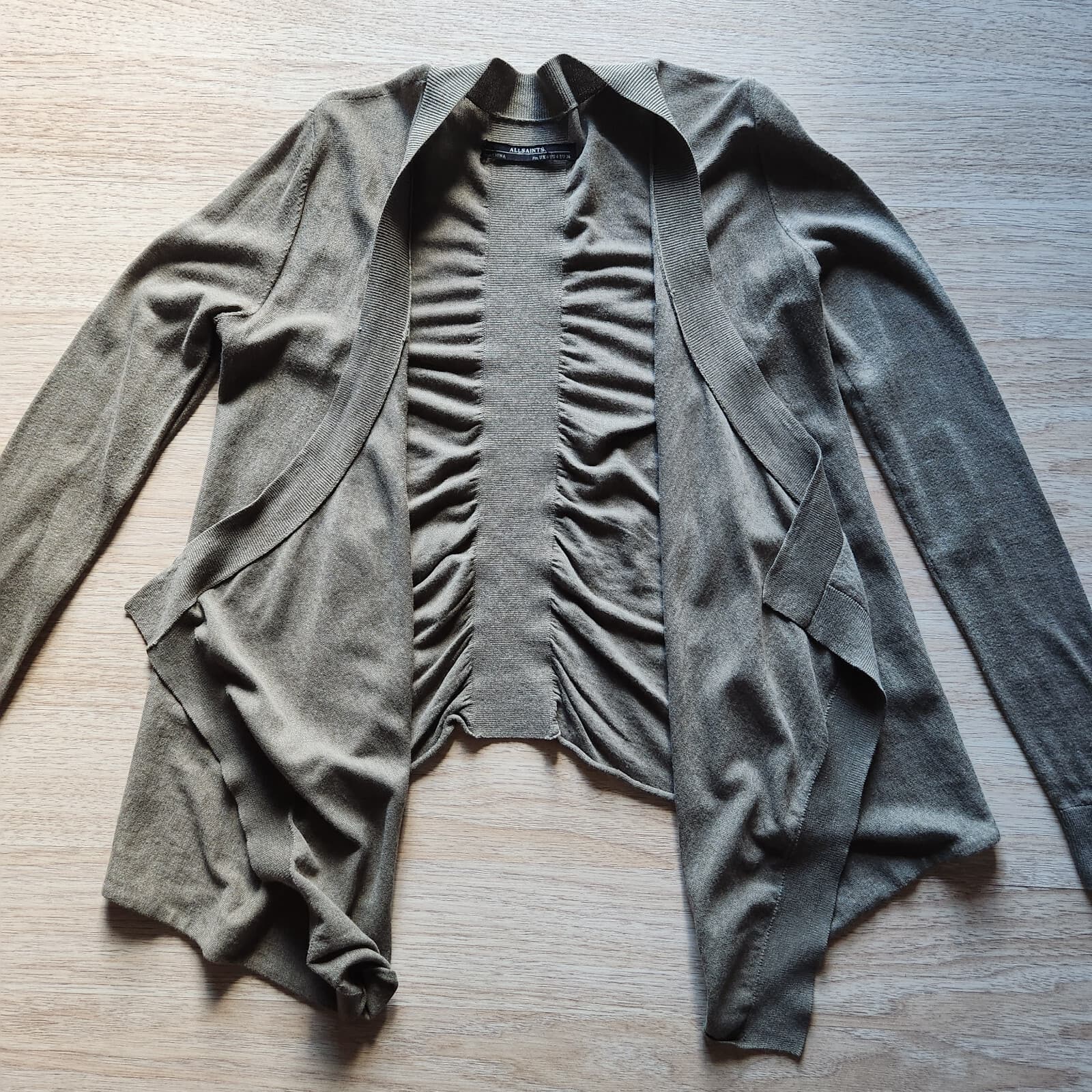 ALLSAINTS Draped Open Front Cardigan Long Sleeve Green Cotton Blend Women's 4 - Thumbnail 7