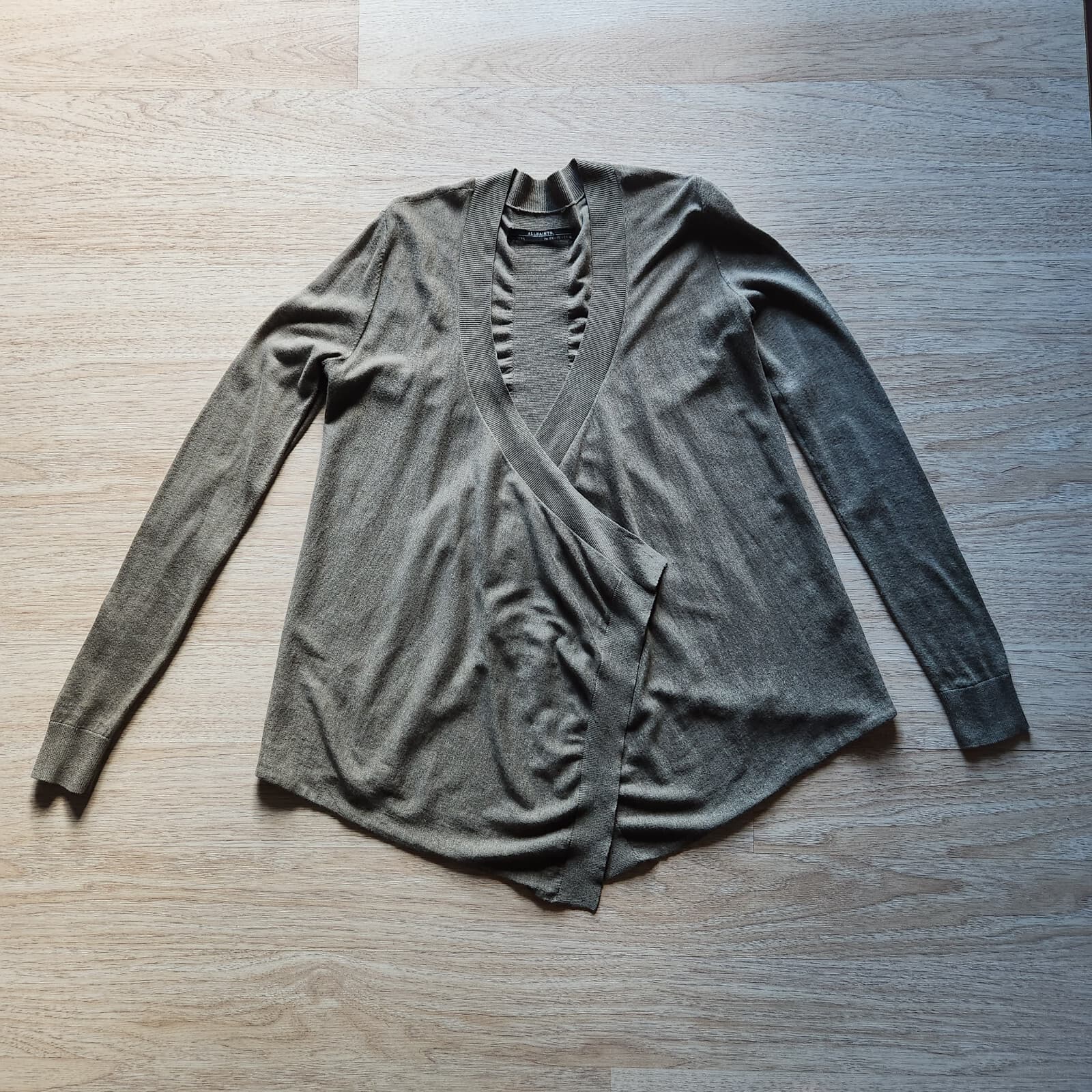 ALLSAINTS Draped Open Front Cardigan Long Sleeve Green Cotton Blend Women's 4 - Thumbnail 5