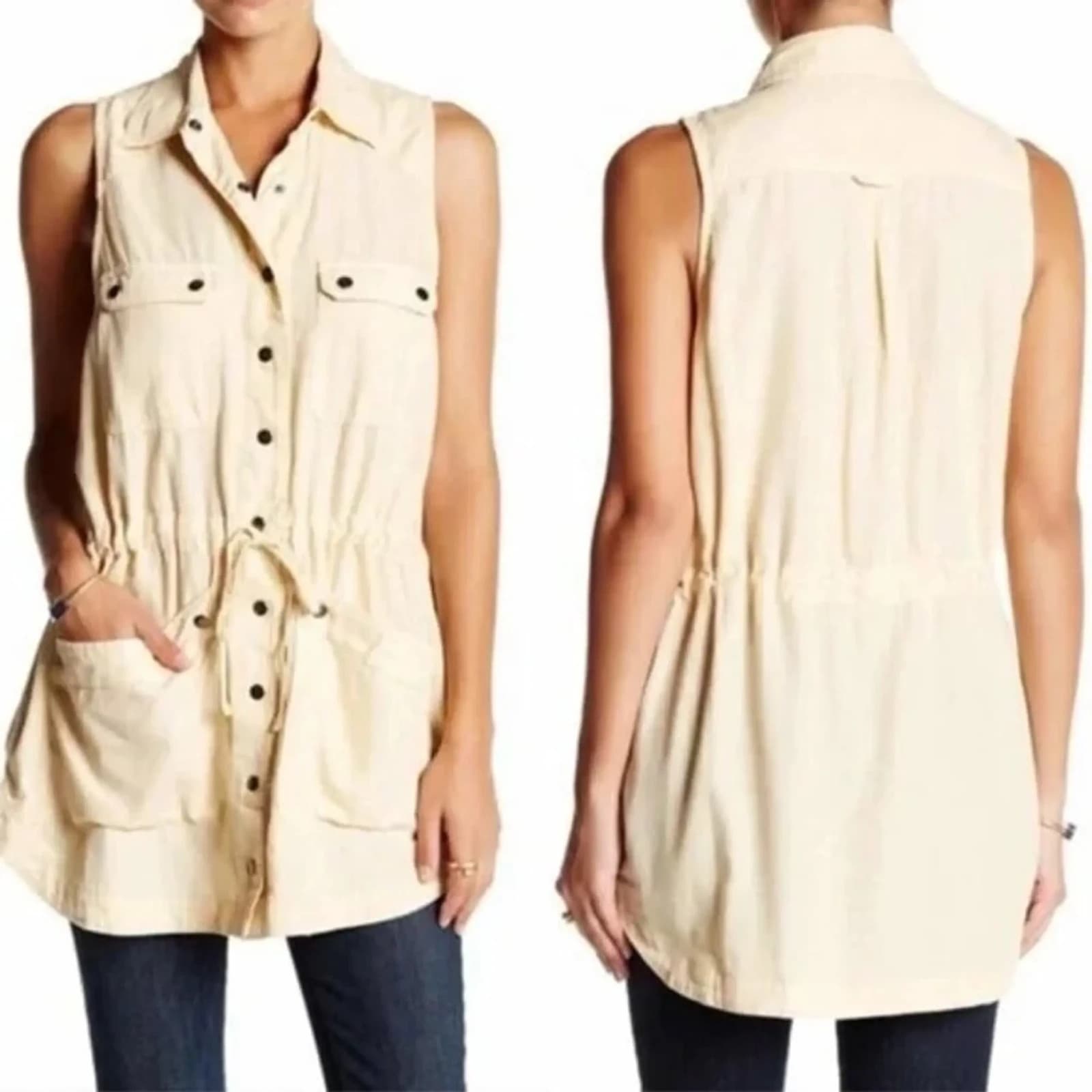 Free People Too Far Utility Sleeveless Vest Tie-Waist Pocket Beige Women's S - Thumbnail 2