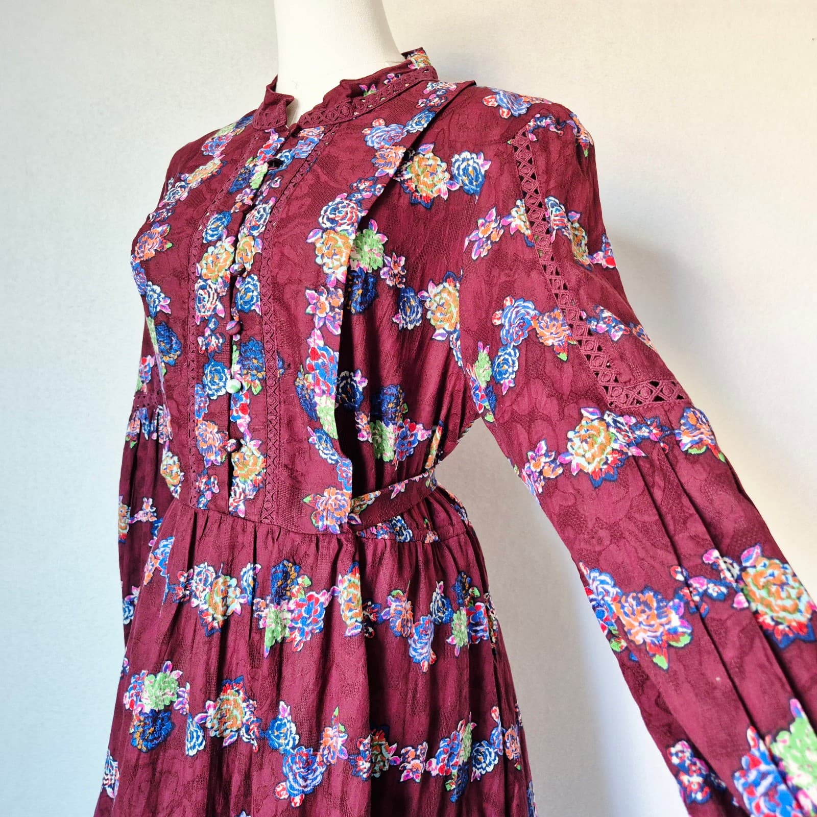 NWT Anthropologie Floral Lace-Trim Mini Dress Tie-Back Long Sleeve Burgundy Sz.L - Thumbnail 5