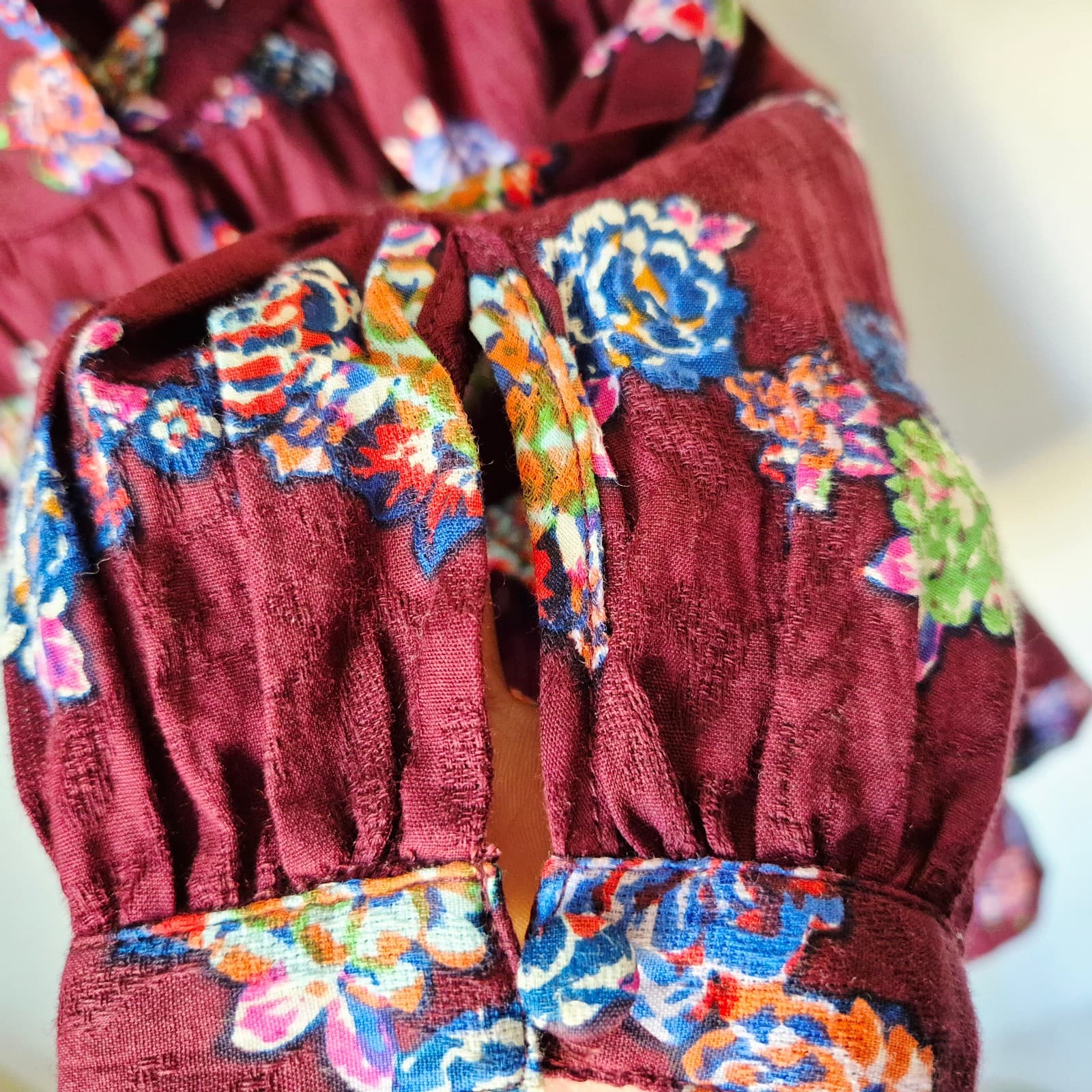 NWT Anthropologie Floral Lace-Trim Mini Dress Tie-Back Long Sleeve Burgundy Sz.L - Thumbnail 7