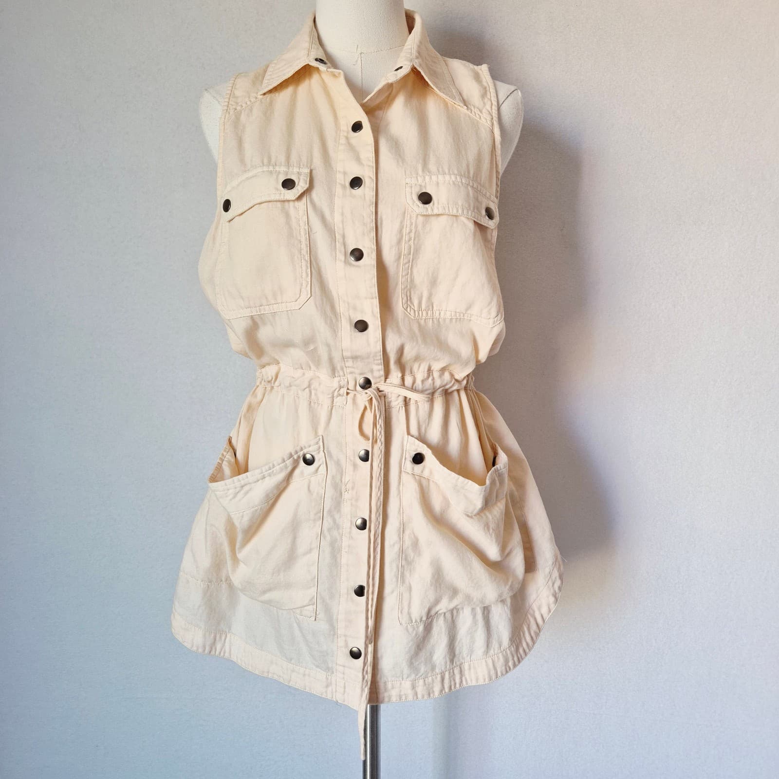 Free People Too Far Utility Sleeveless Vest Tie-Waist Pocket Beige Women's S - Thumbnail 3