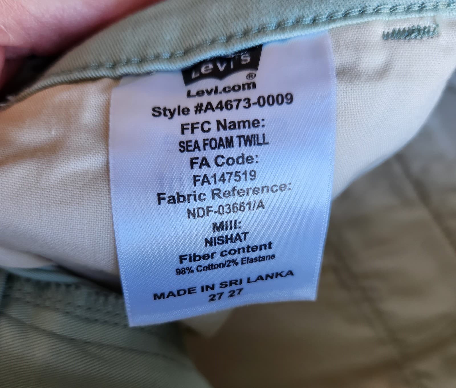 NEW Levi's Premium Not For Resale Essentail Chino Pants Sea Form Twill Green 27 - Thumbnail 10