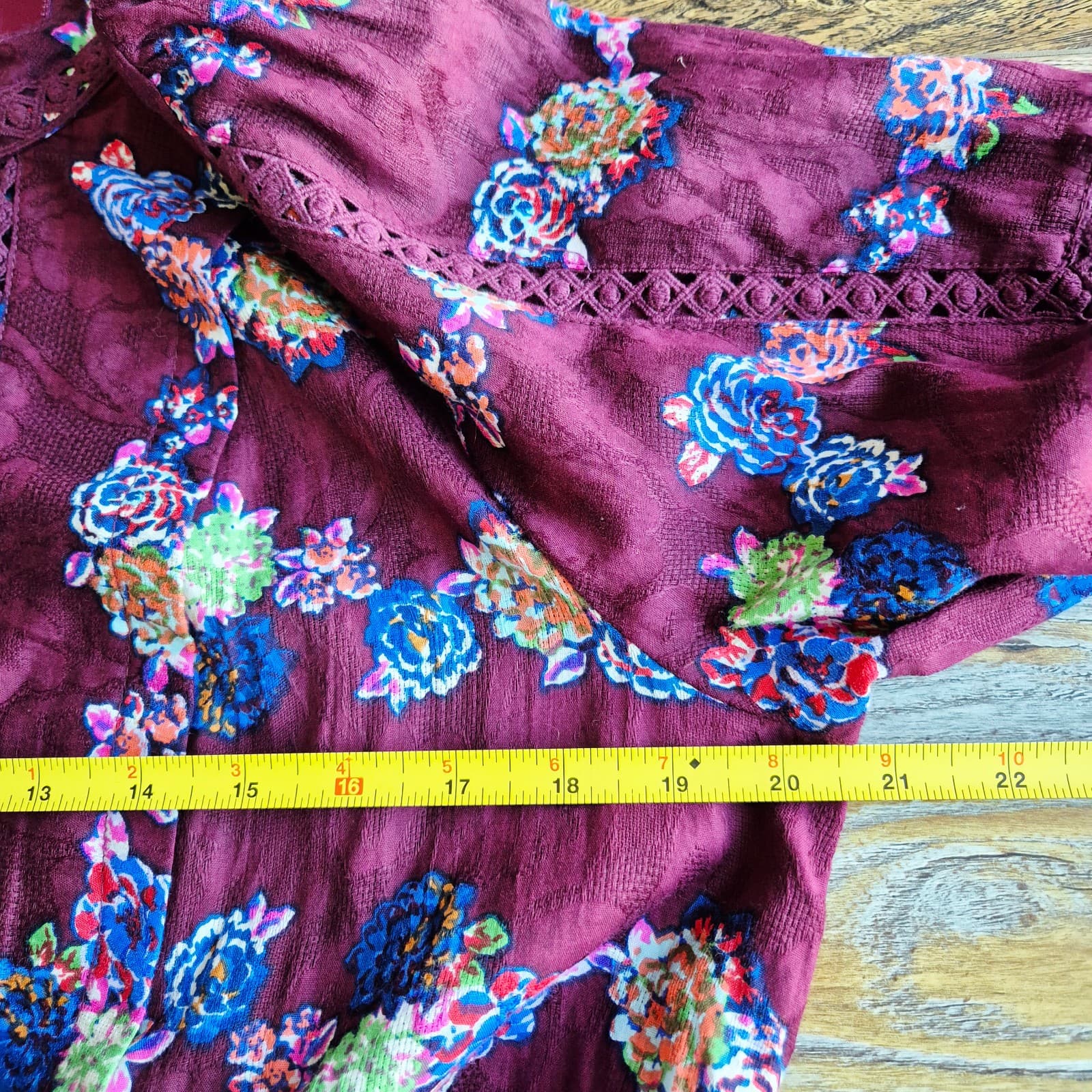 NWT Anthropologie Floral Lace-Trim Mini Dress Tie-Back Long Sleeve Burgundy Sz.L - Thumbnail 16