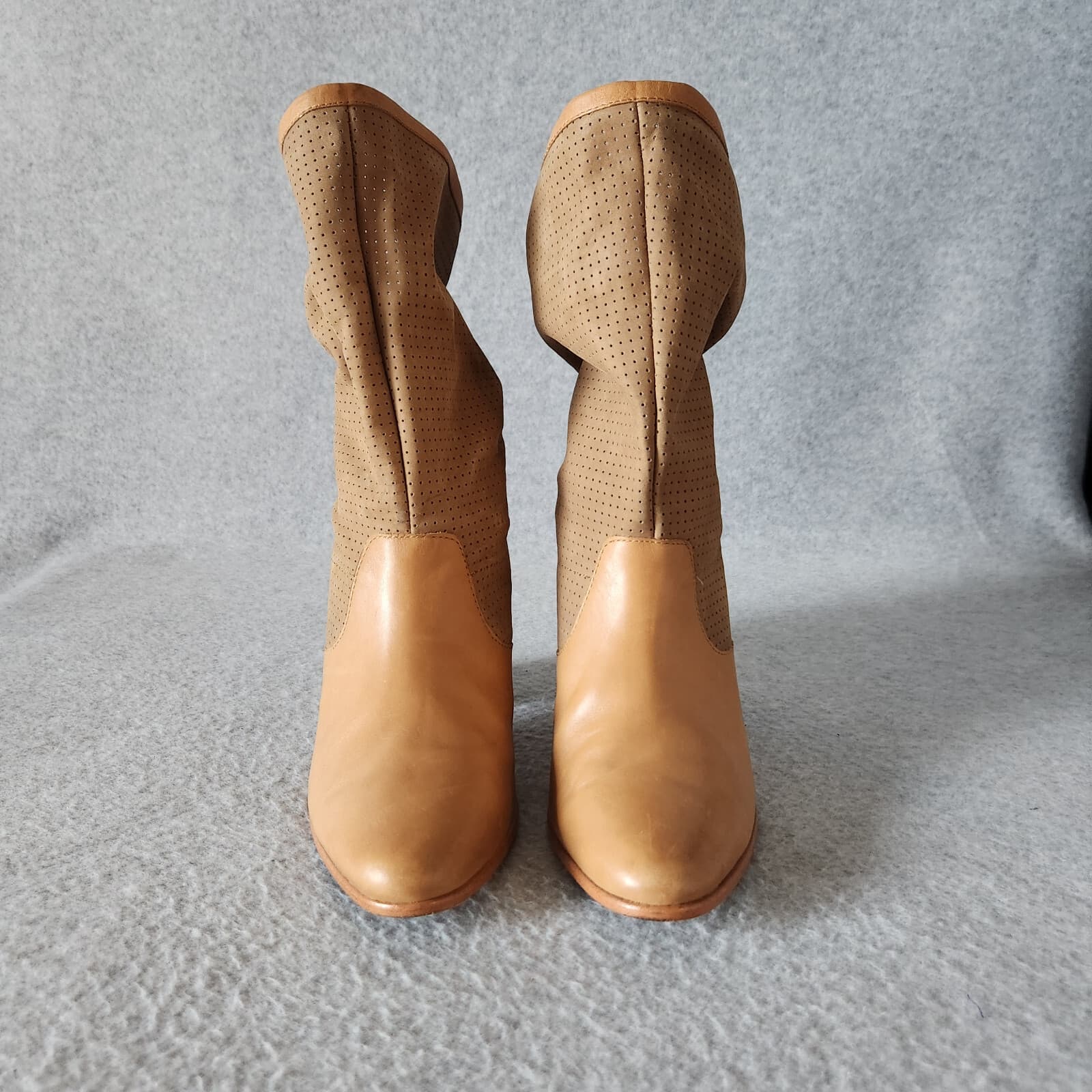 Rebecca Minkoff Brynn Perforated Leather Calfskin Slouchy Western Boot Tan US7M - Thumbnail 3
