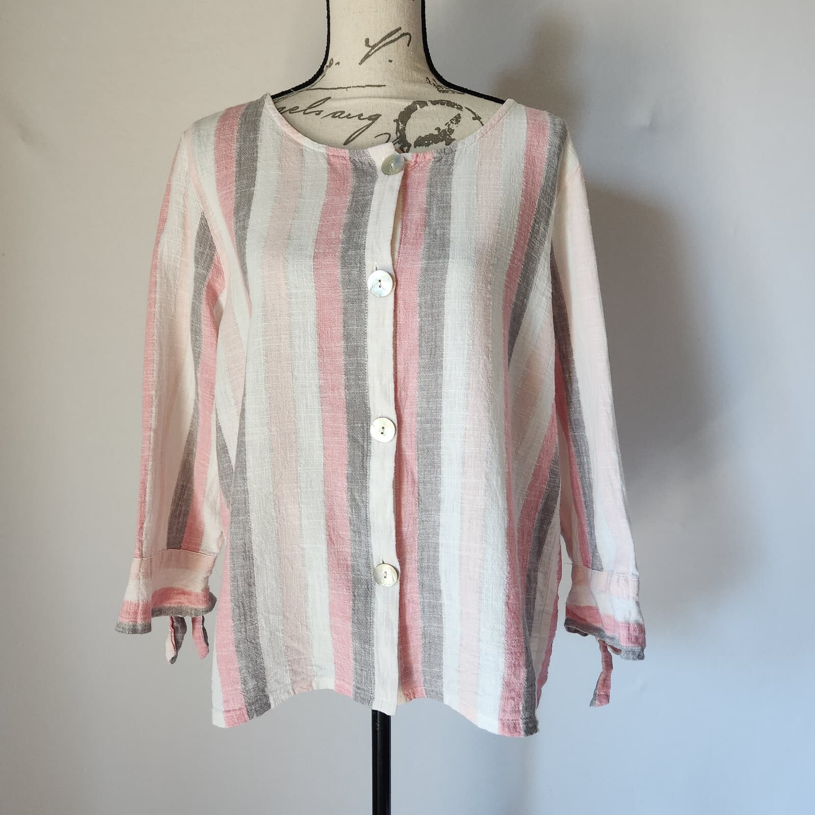 Habitat Women's L Linen Blend Blouse Top 3/4 Sleeve Button Front Multi Striped - Thumbnail 2