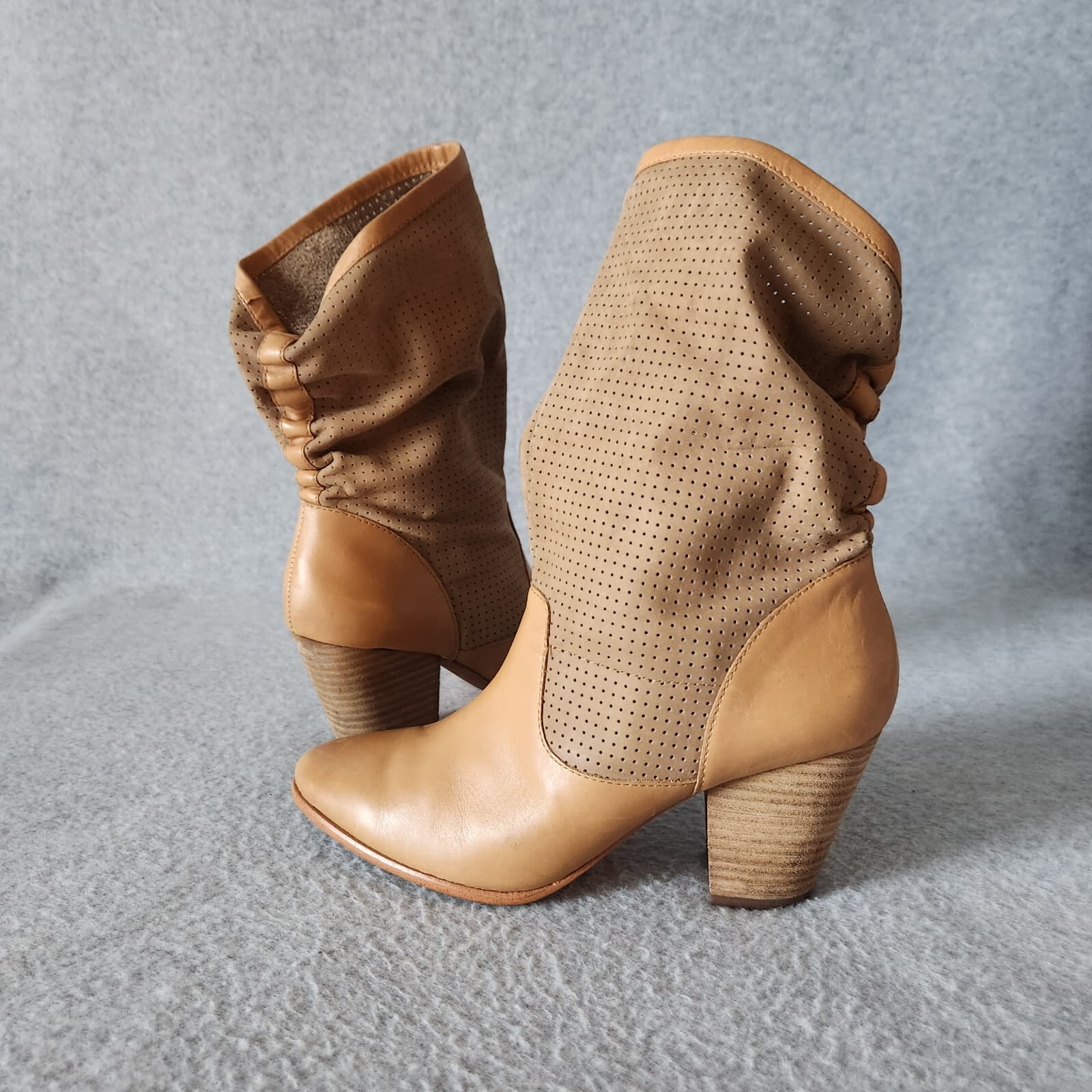 Rebecca Minkoff Brynn Perforated Leather Calfskin Slouchy Western Boot Tan US7M - Thumbnail 2
