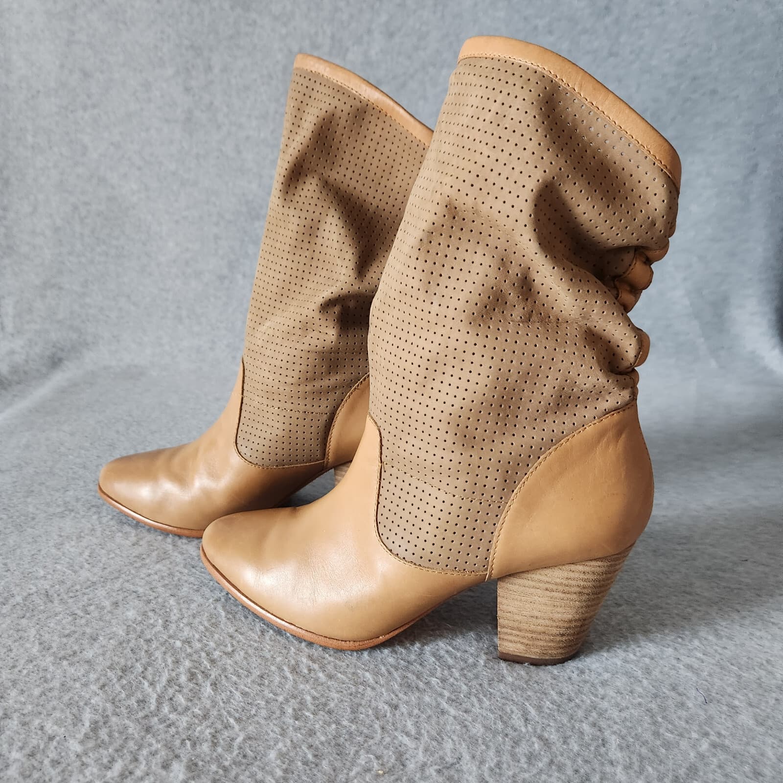 Rebecca Minkoff Brynn Perforated Leather Calfskin Slouchy Western Boot Tan US7M - Thumbnail 5