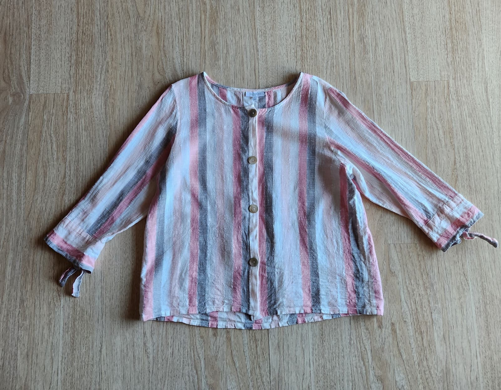 Habitat Women's L Linen Blend Blouse Top 3/4 Sleeve Button Front Multi Striped - Thumbnail 3