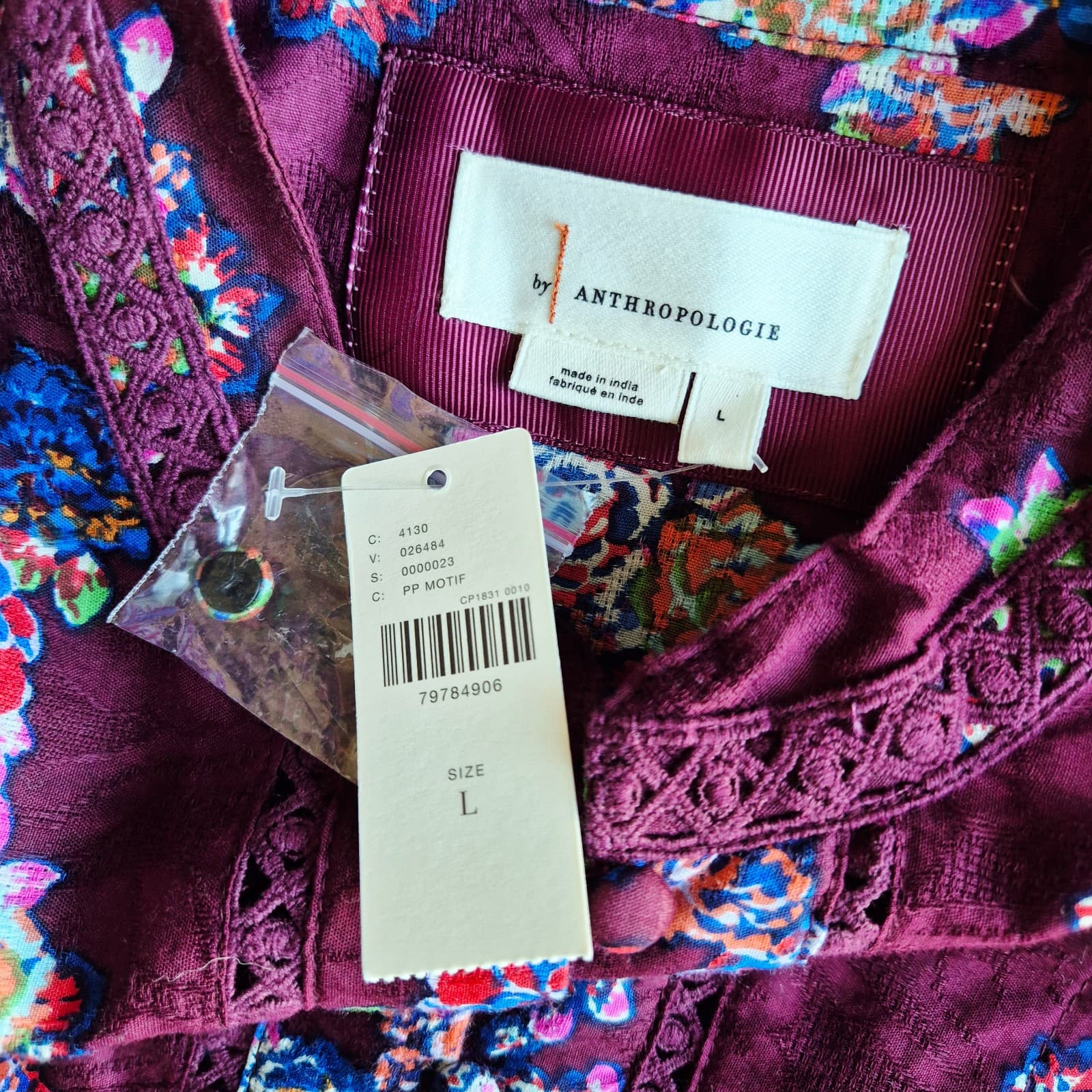 NWT Anthropologie Floral Lace-Trim Mini Dress Tie-Back Long Sleeve Burgundy Sz.L - Thumbnail 12