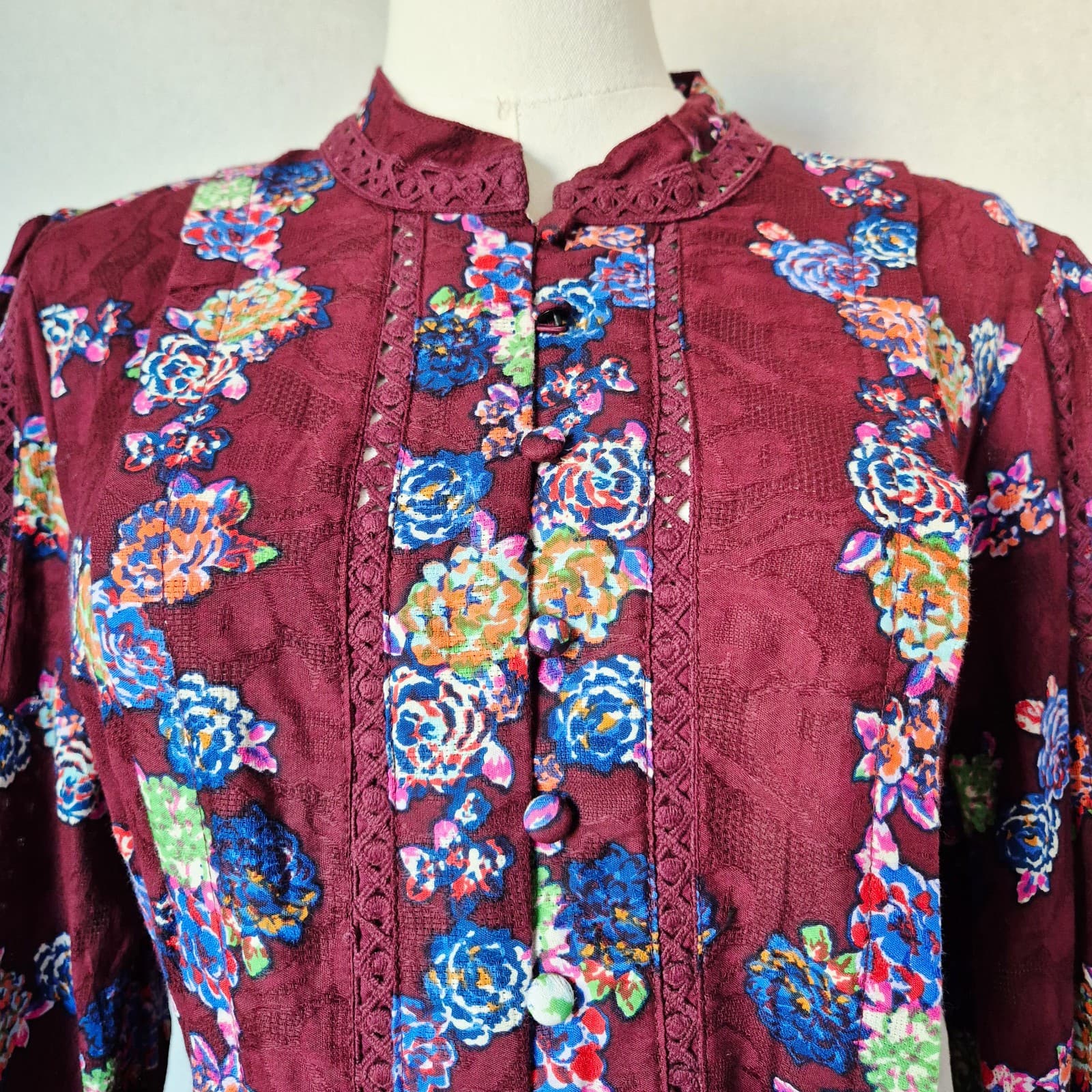 NWT Anthropologie Floral Lace-Trim Mini Dress Tie-Back Long Sleeve Burgundy Sz.L - Thumbnail 6