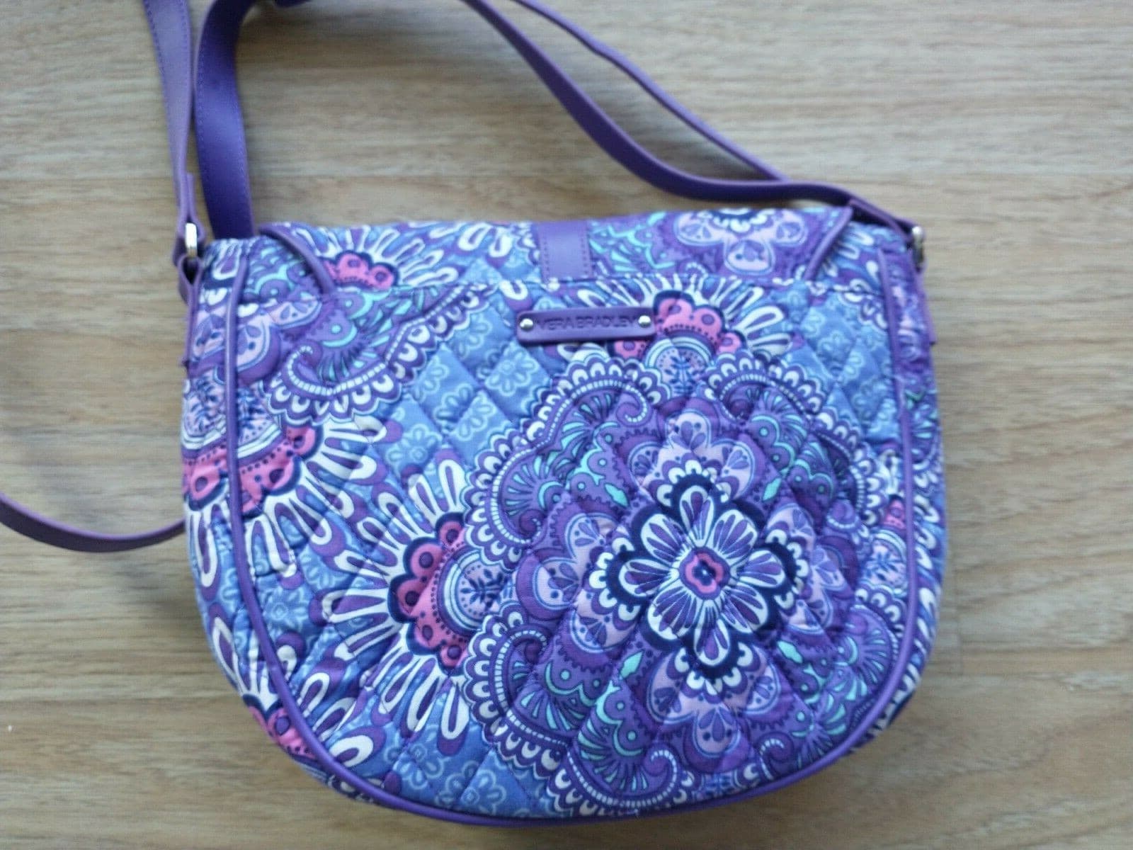 Vera Bradley Slim Saddle Crossbody Purse Bag Purple Lilac Tapestry Floral EUC - Thumbnail 6