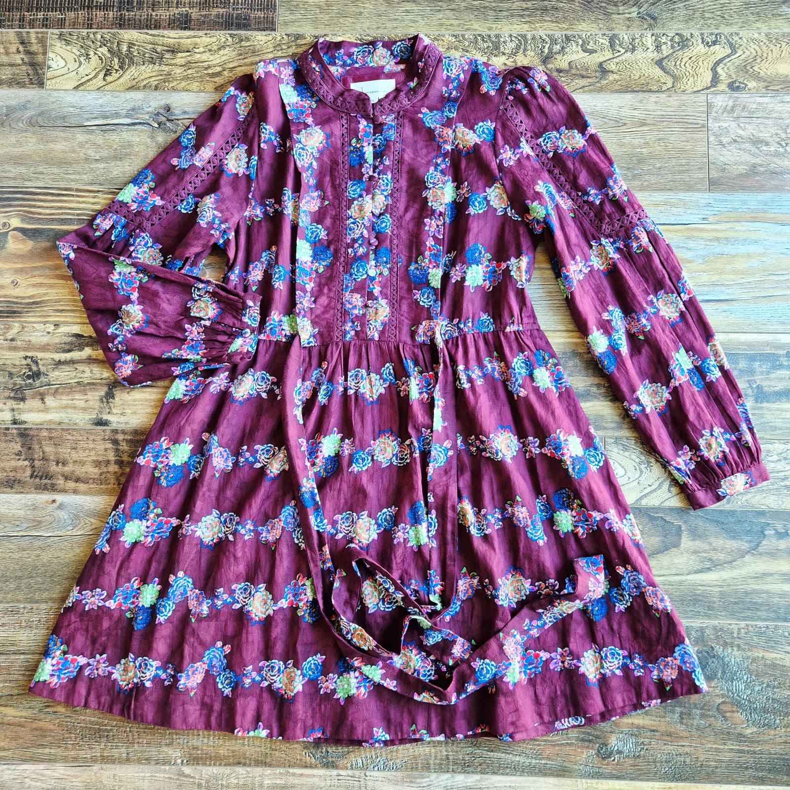 NWT Anthropologie Floral Lace-Trim Mini Dress Tie-Back Long Sleeve Burgundy Sz.L - Thumbnail 10