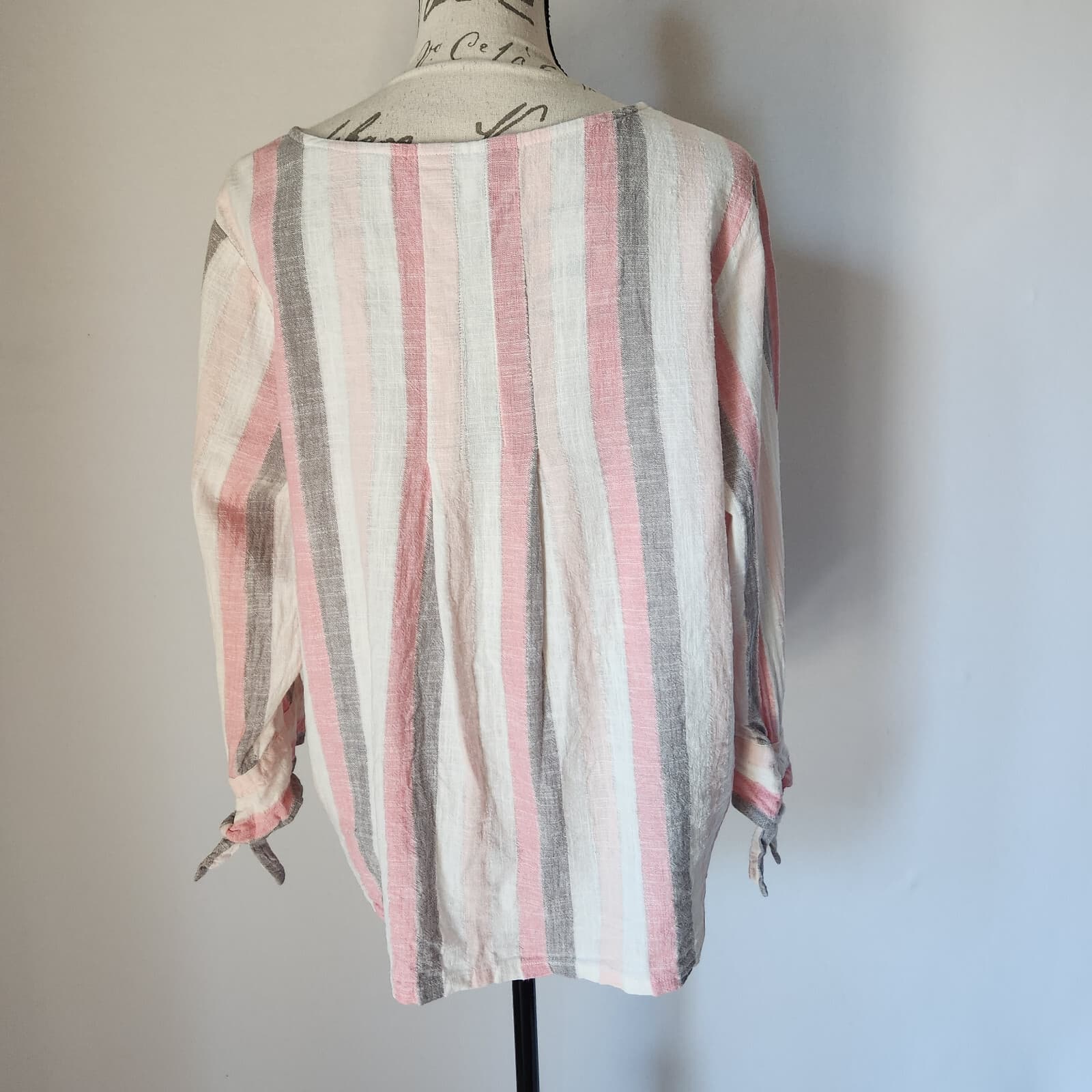 Habitat Women's L Linen Blend Blouse Top 3/4 Sleeve Button Front Multi Striped - Thumbnail 5