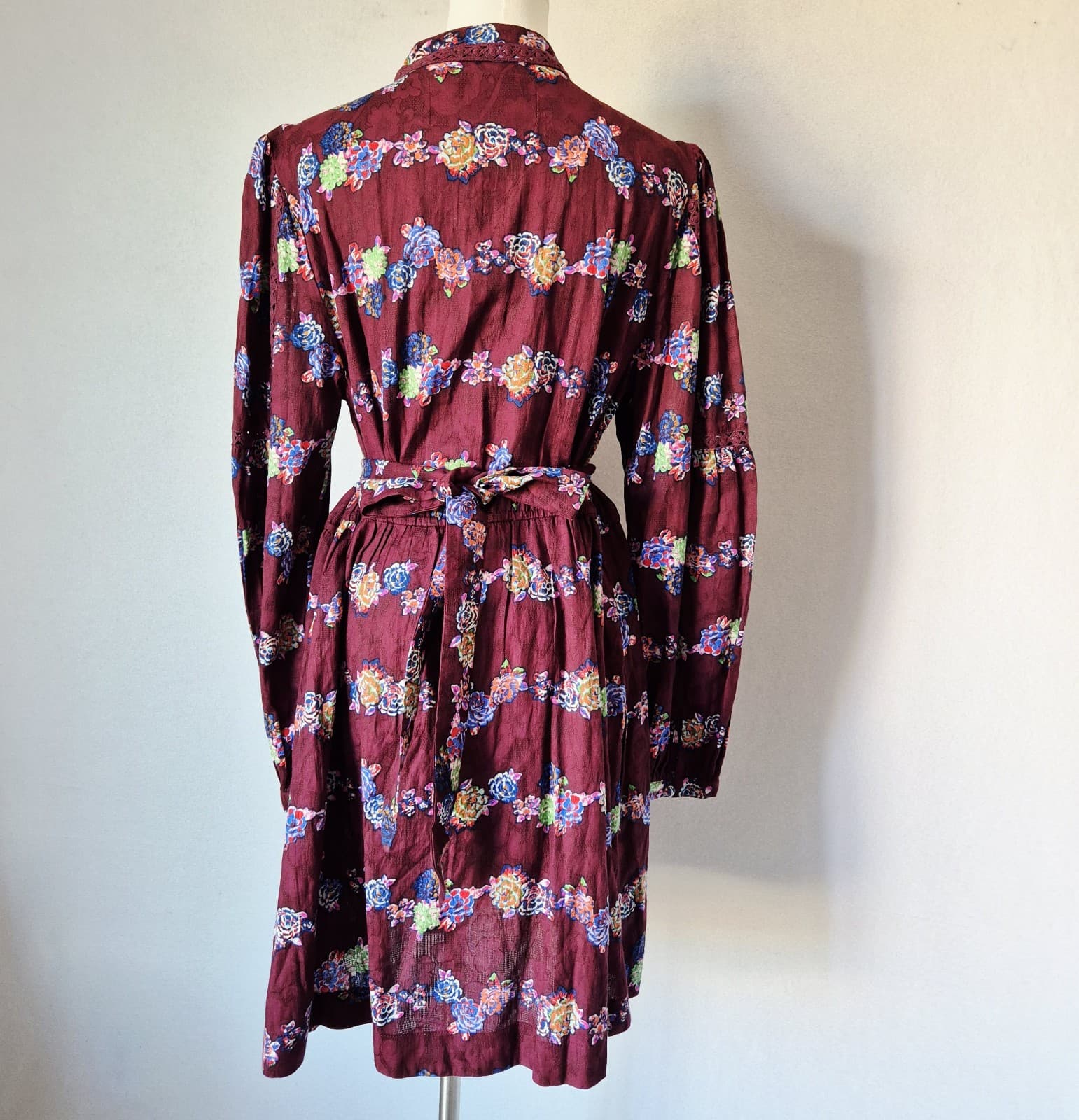 NWT Anthropologie Floral Lace-Trim Mini Dress Tie-Back Long Sleeve Burgundy Sz.L - Thumbnail 8