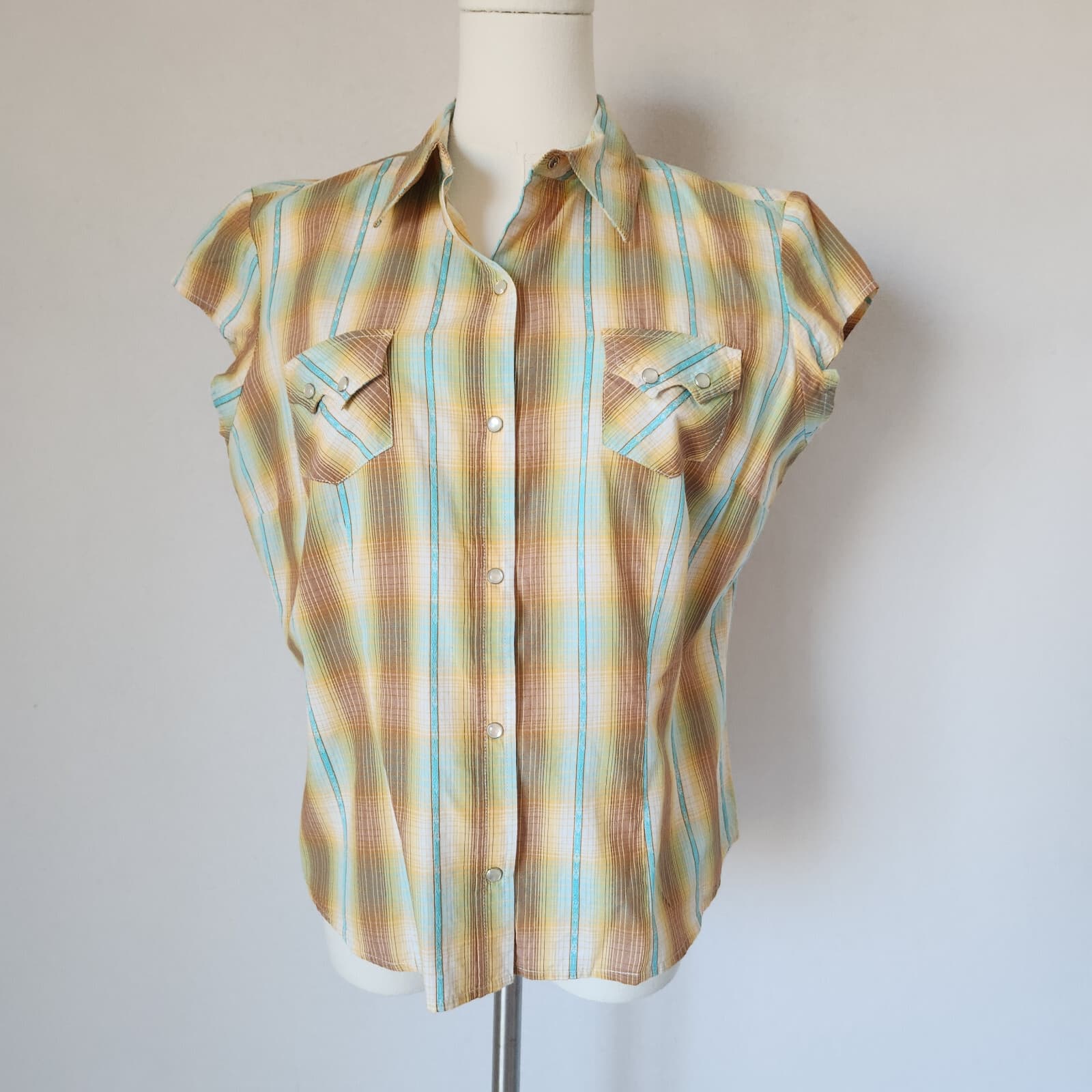 Roper Western Shirt Pearl Snap Cap Sleeve Pocket Cotton Yellow Plaid Women's L - Thumbnail 2