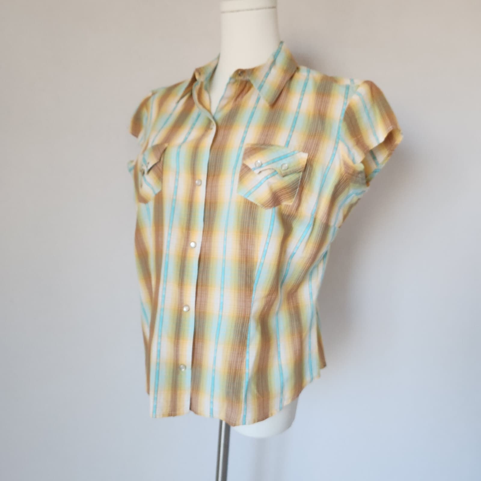 Roper Western Shirt Pearl Snap Cap Sleeve Pocket Cotton Yellow Plaid Women's L - Thumbnail 3