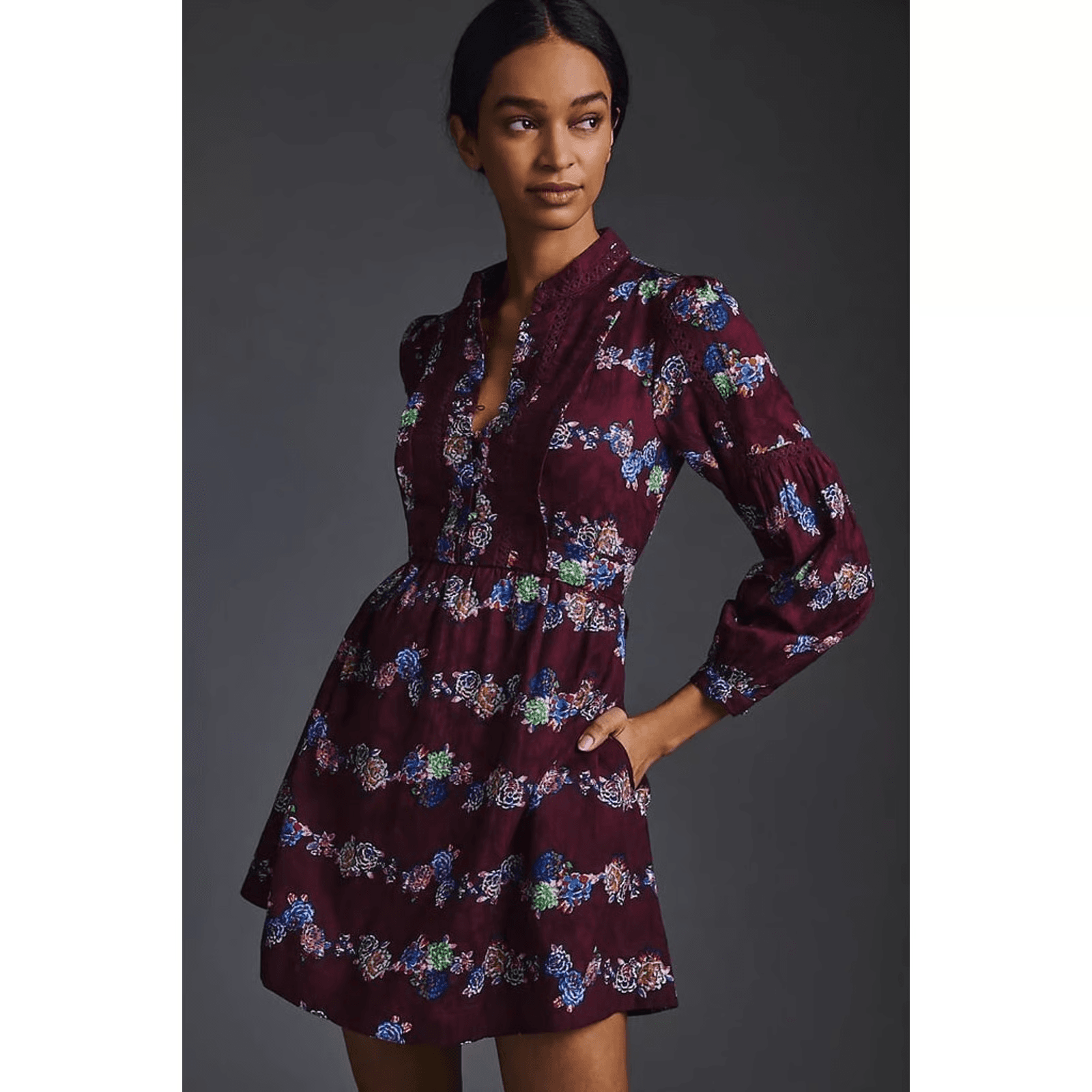 NWT Anthropologie Floral Lace-Trim Mini Dress Tie-Back Long Sleeve Burgundy Sz.L - Thumbnail 2