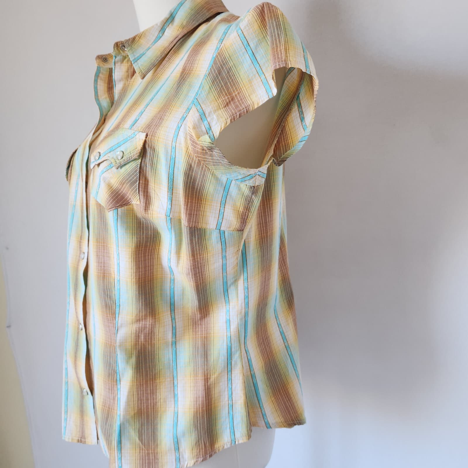 Roper Western Shirt Pearl Snap Cap Sleeve Pocket Cotton Yellow Plaid Women's L - Thumbnail 5