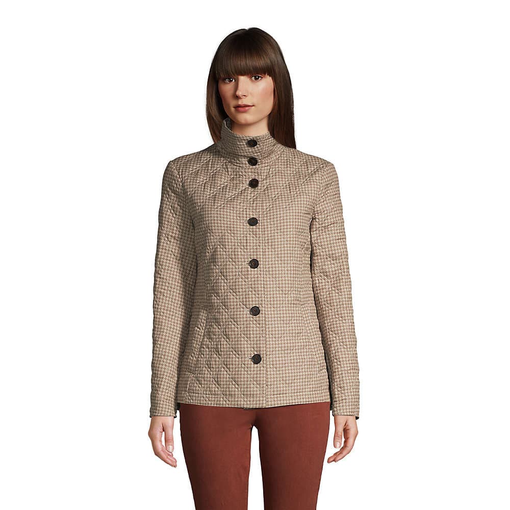 Lands' End Houndstooth Insulated Quilted Barn Jacket Button Mock Neck Tan Sz.XL - Thumbnail 2