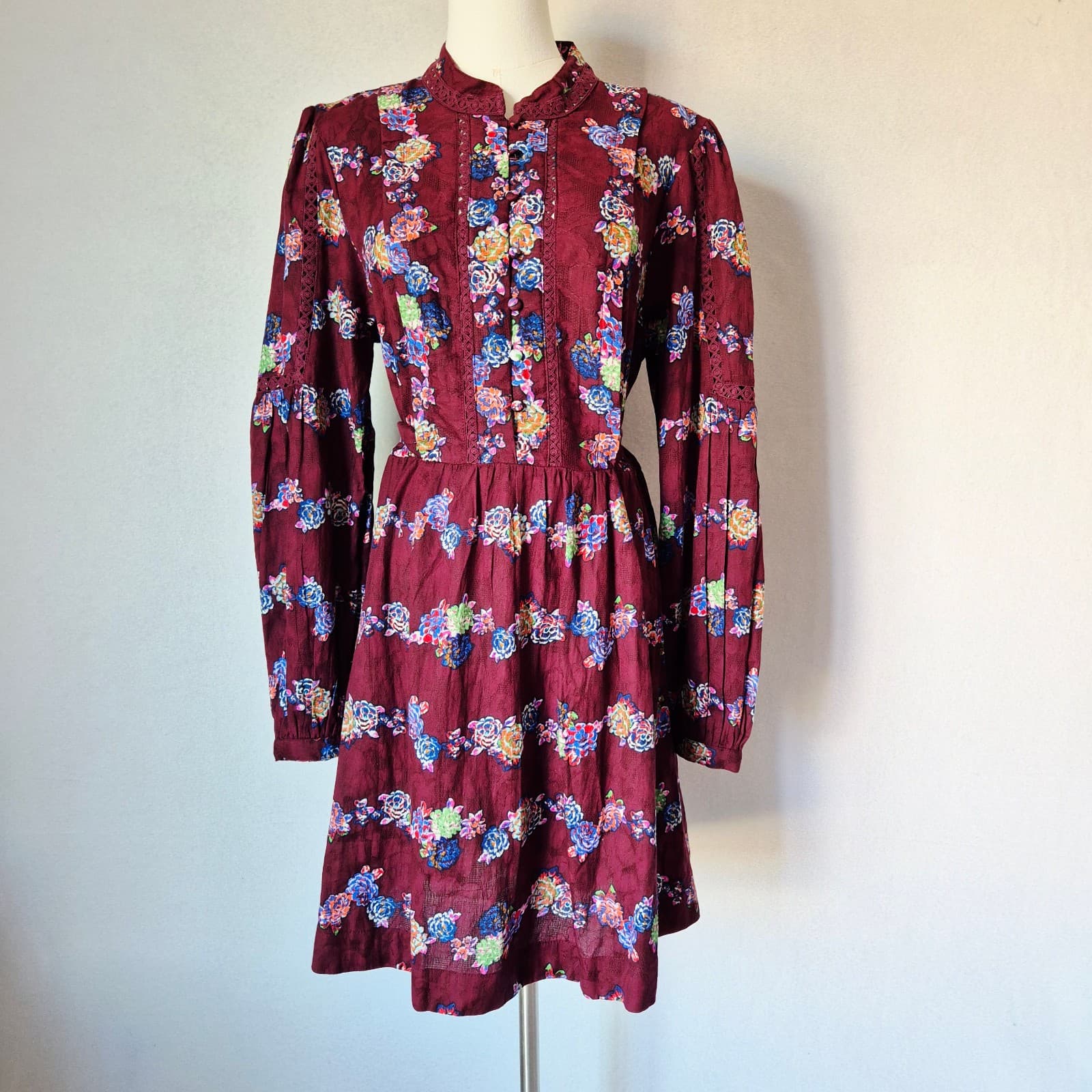 NWT Anthropologie Floral Lace-Trim Mini Dress Tie-Back Long Sleeve Burgundy Sz.L - Thumbnail 3