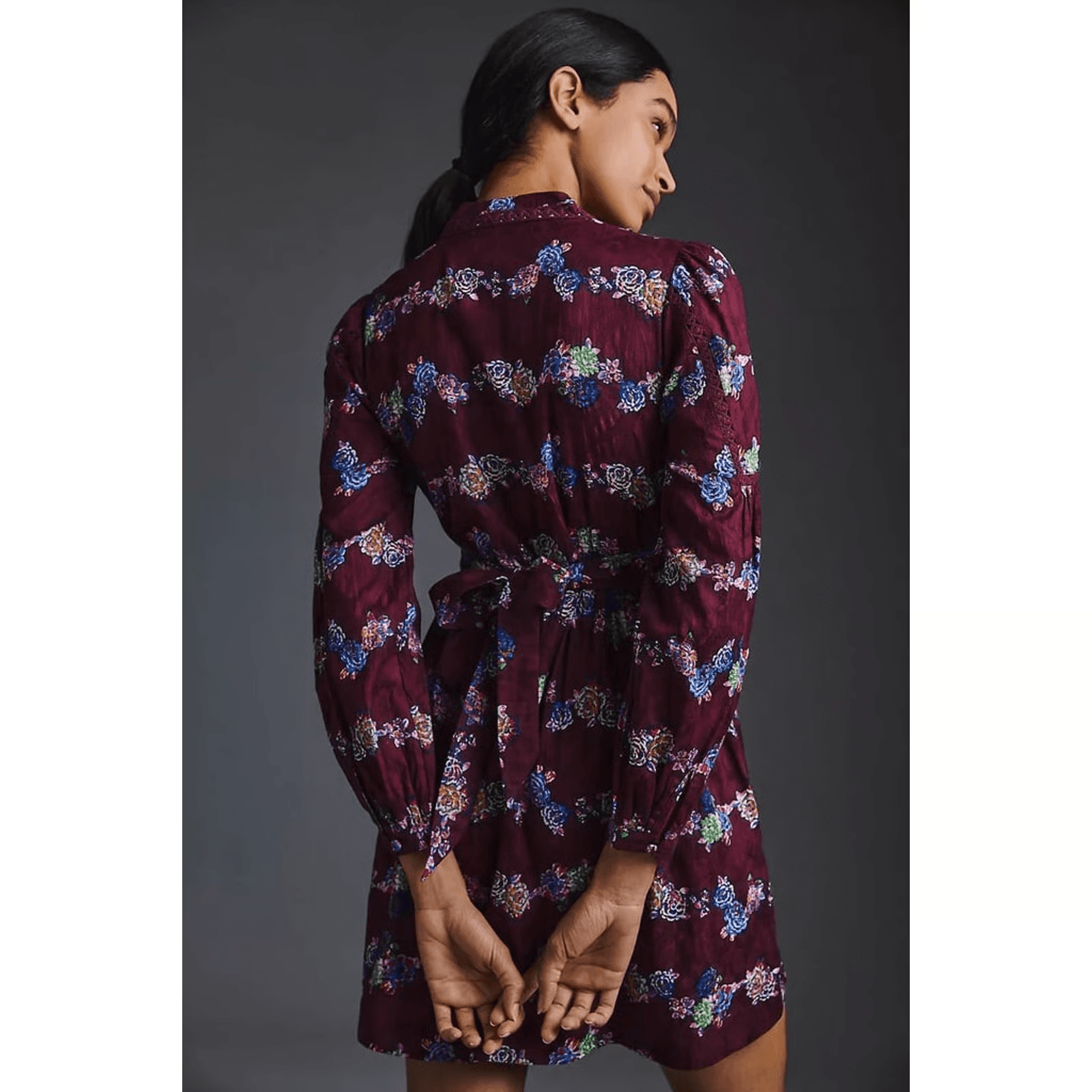 NWT Anthropologie Floral Lace-Trim Mini Dress Tie-Back Long Sleeve Burgundy Sz.L - Thumbnail 9