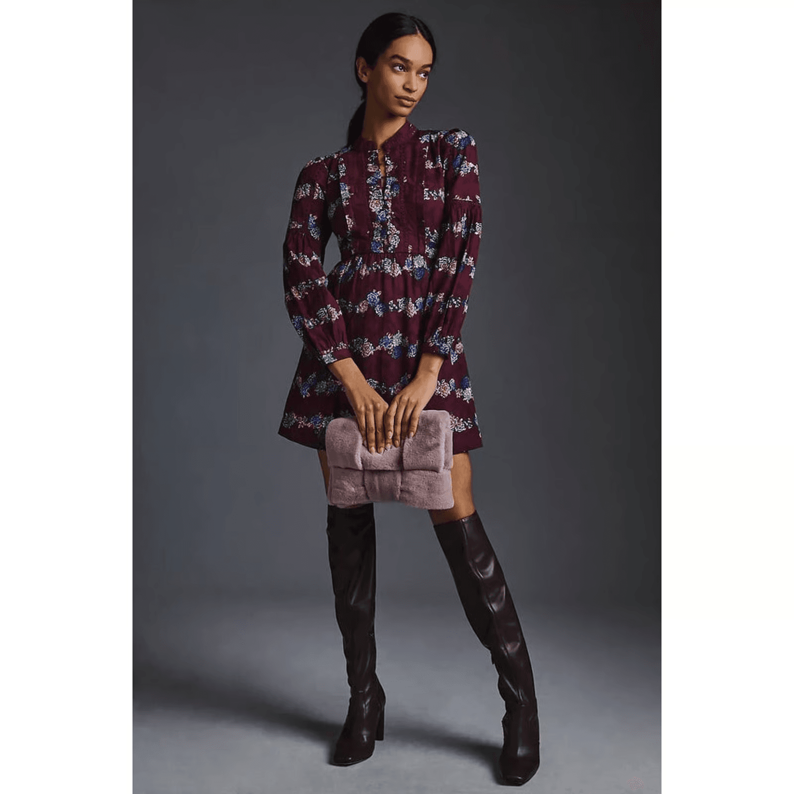 NWT Anthropologie Floral Lace-Trim Mini Dress Tie-Back Long Sleeve Burgundy Sz.L - Thumbnail 4