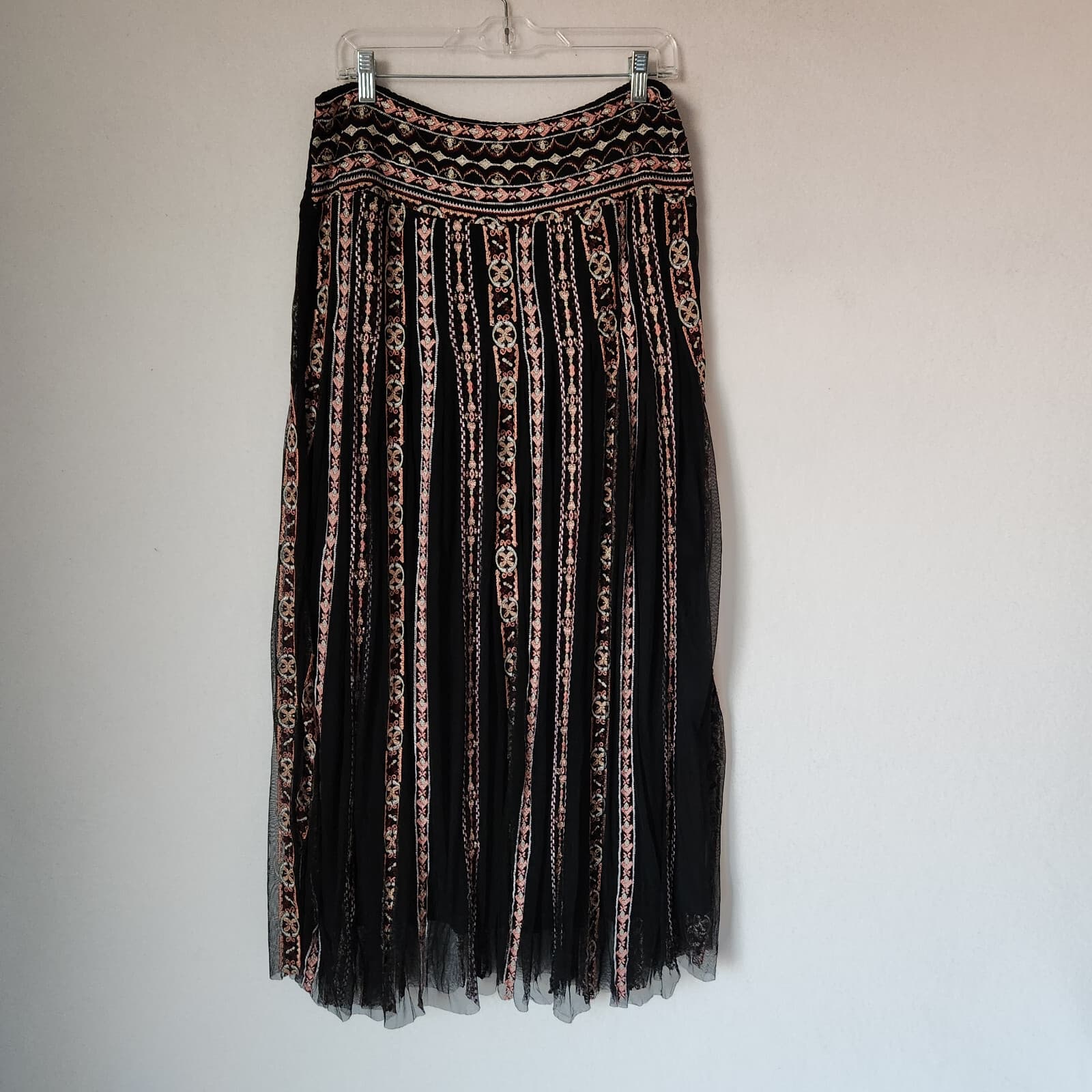 NWoT Soft Surroundings Embroidered Sheer-Mesh Maxi Skirt Pull-On Smock Waist M