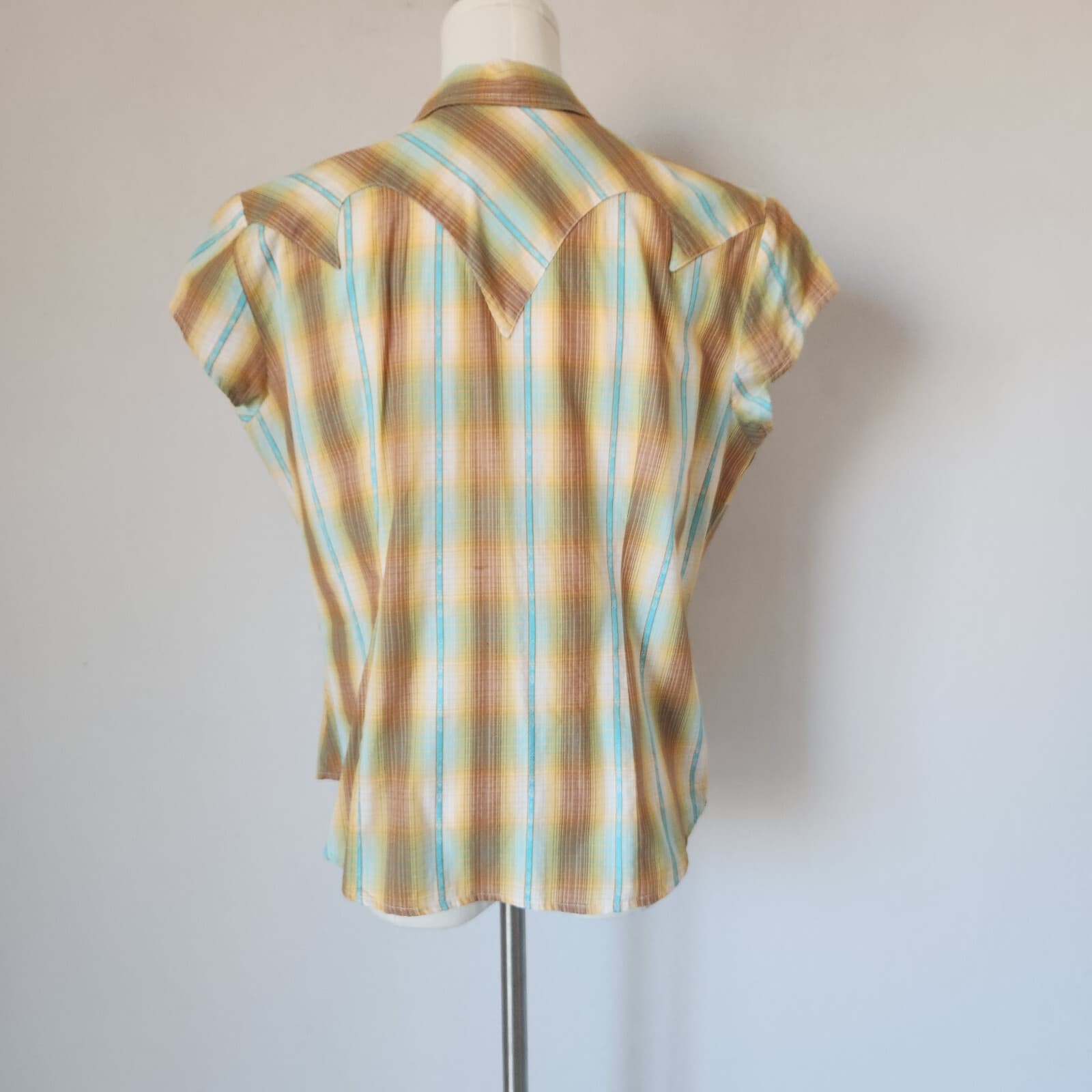 Roper Western Shirt Pearl Snap Cap Sleeve Pocket Cotton Yellow Plaid Women's L - Thumbnail 6