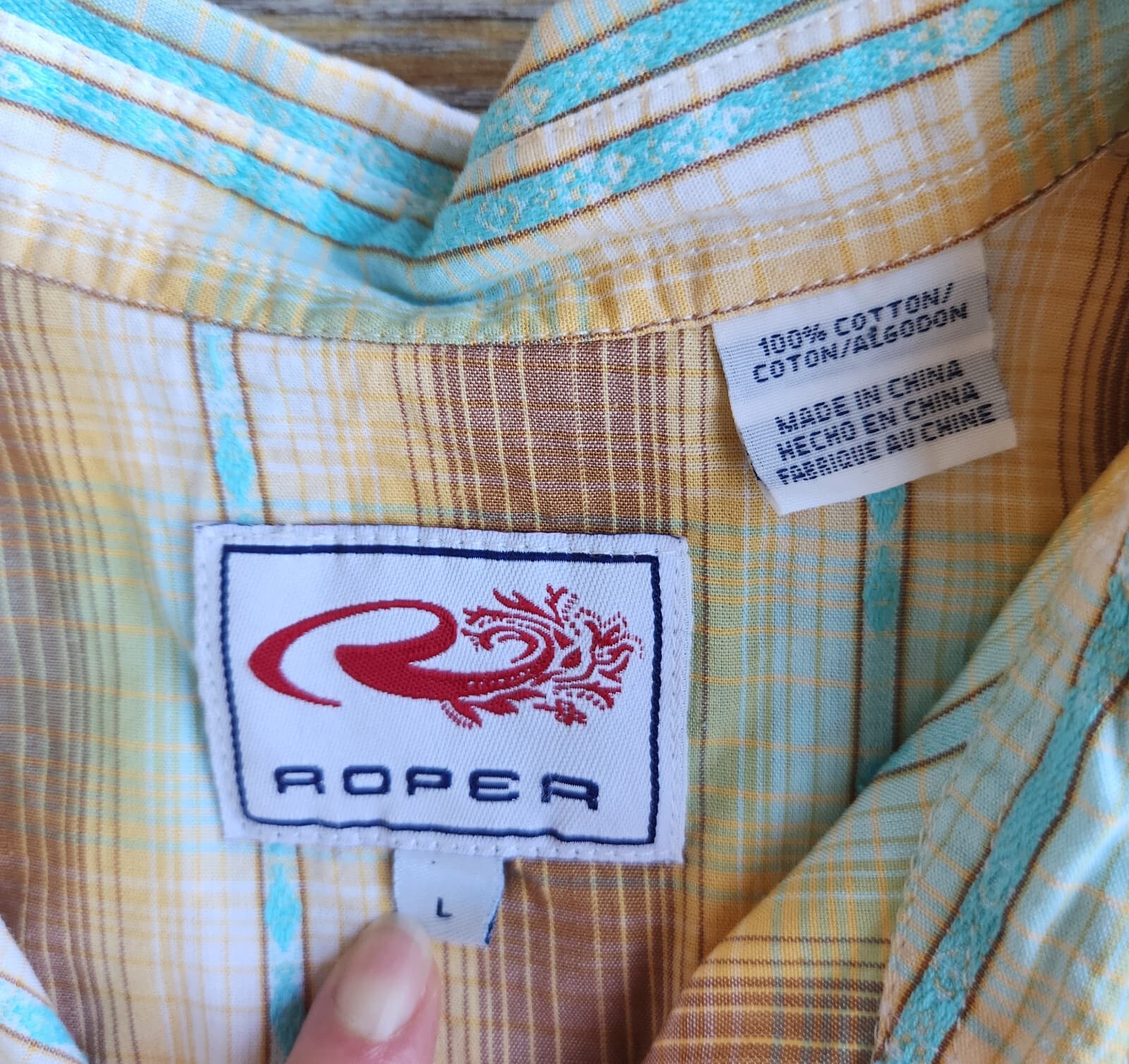 Roper Western Shirt Pearl Snap Cap Sleeve Pocket Cotton Yellow Plaid Women's L - Thumbnail 7