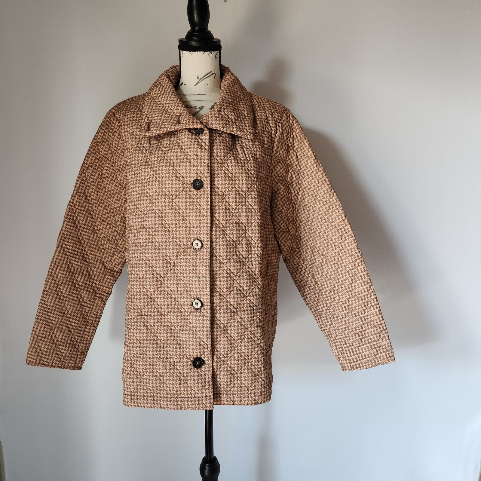 Lands' End Houndstooth Insulated Quilted Barn Jacket Button Mock Neck Tan Sz.XL - Thumbnail 3