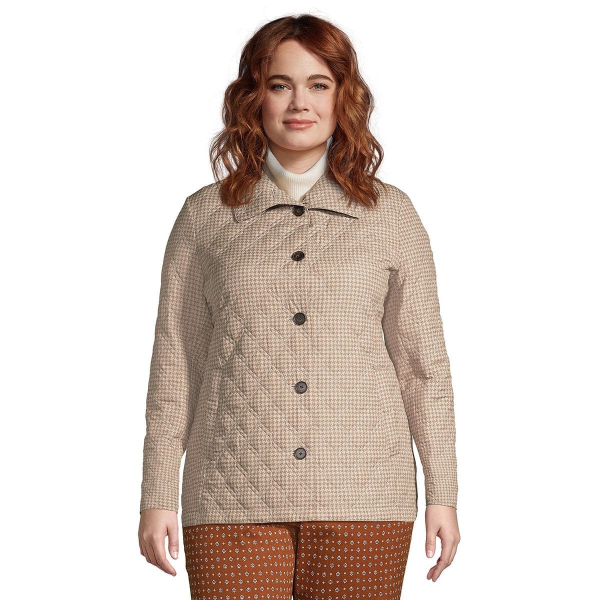 Lands' End Houndstooth Insulated Quilted Barn Jacket Button Mock Neck Tan Sz.XL - Thumbnail 5