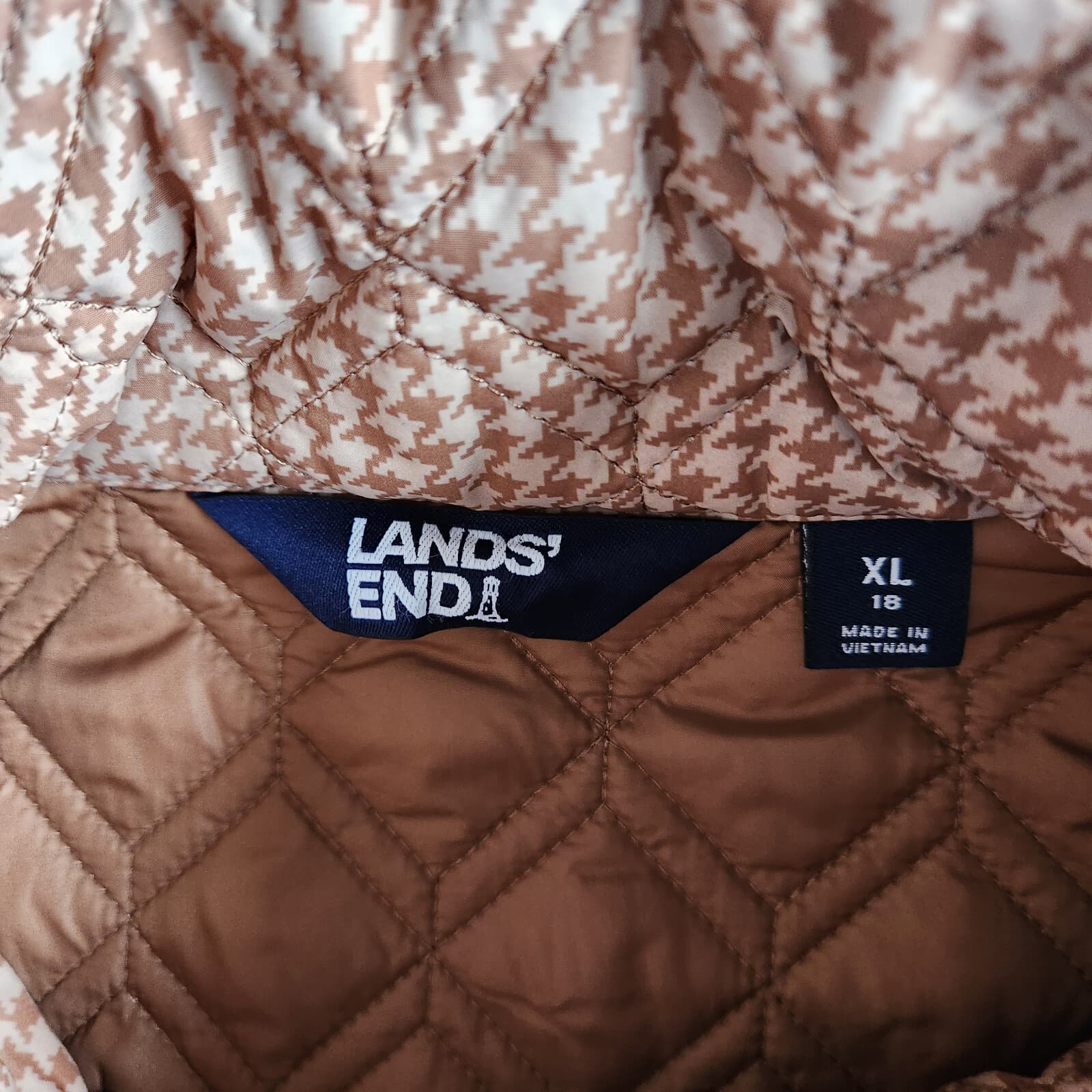 Lands' End Houndstooth Insulated Quilted Barn Jacket Button Mock Neck Tan Sz.XL - Thumbnail 10