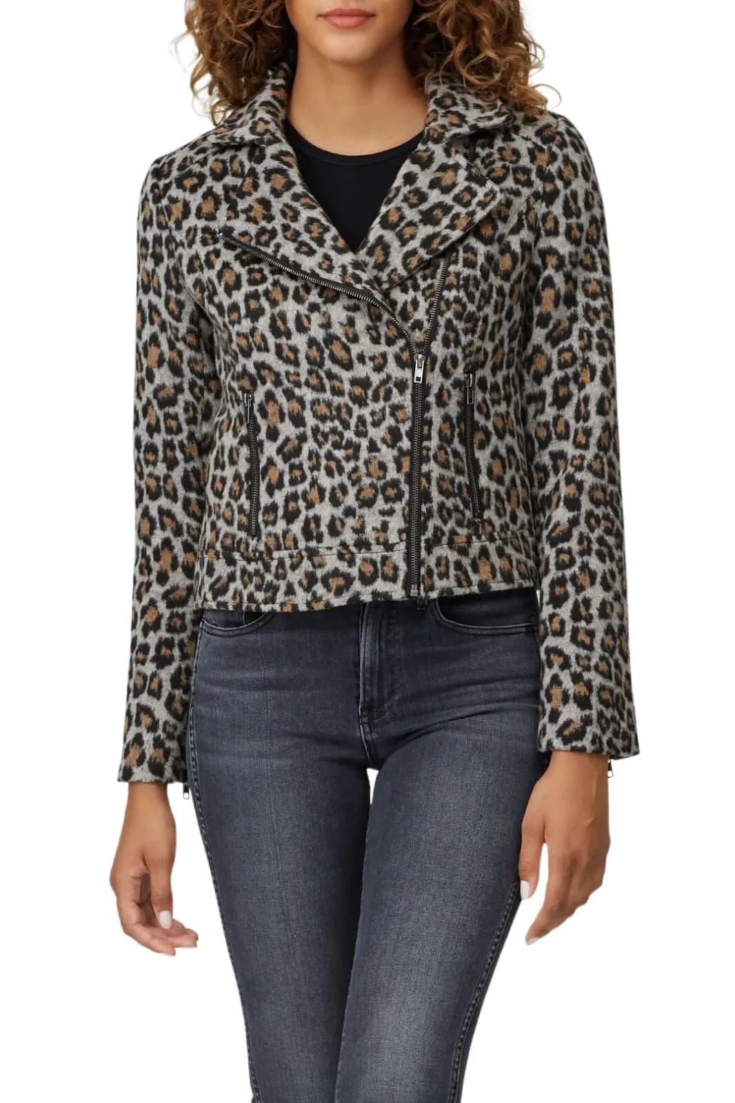 Cupcakes And Cashmere Margaux Wool Blend Faux Fur Leopard Moto Crop Jacket Sz.S - Thumbnail 3