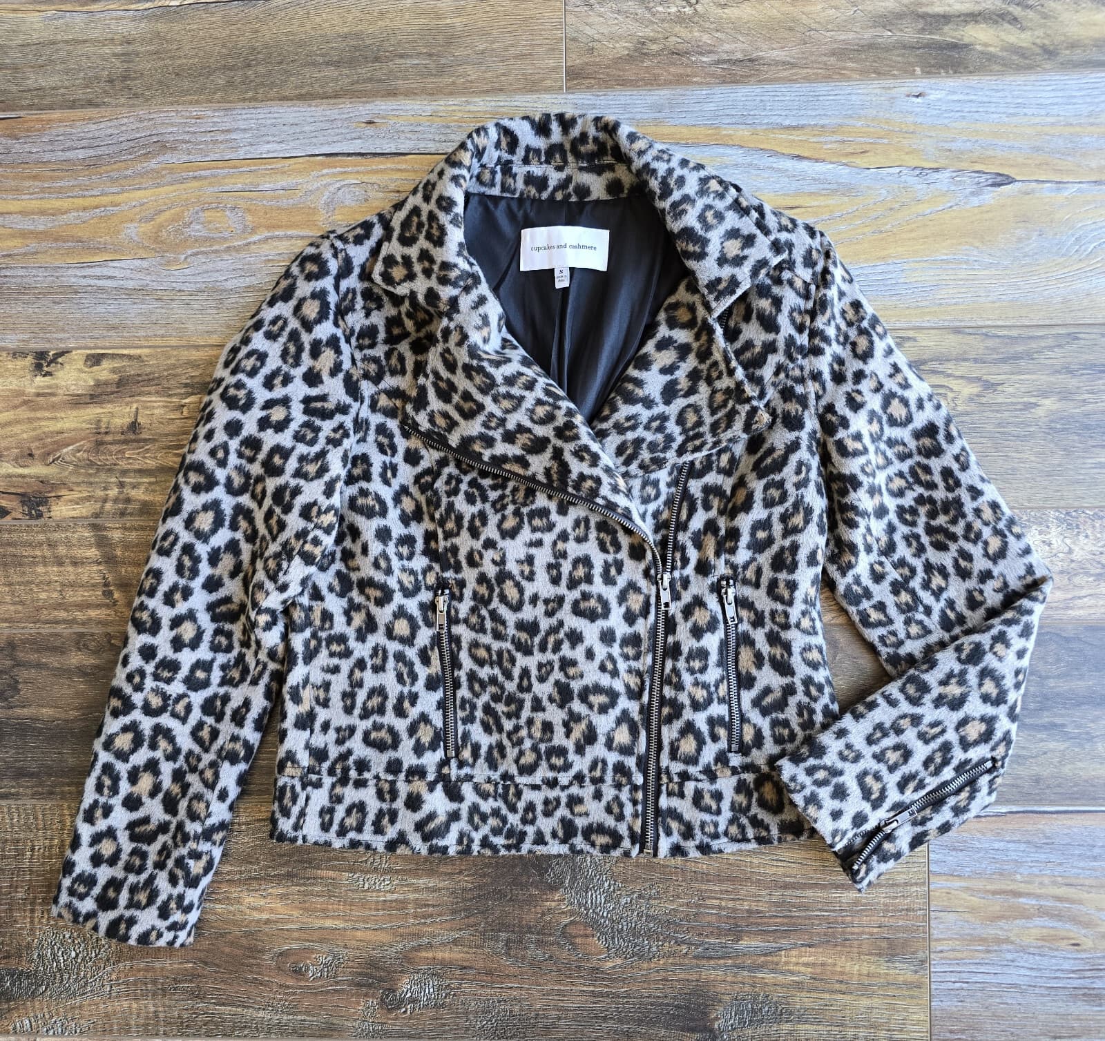 Cupcakes And Cashmere Margaux Wool Blend Faux Fur Leopard Moto Crop Jacket Sz.S - Thumbnail 4