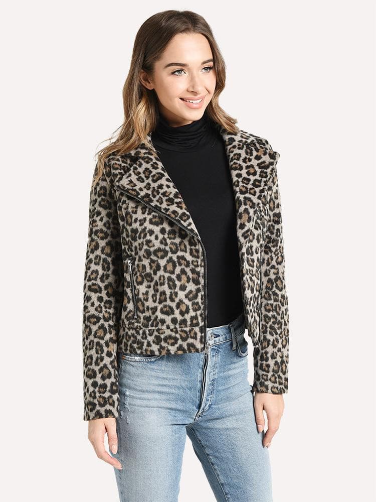 Cupcakes And Cashmere Margaux Wool Blend Faux Fur Leopard Moto Crop Jacket Sz.S - Thumbnail 5