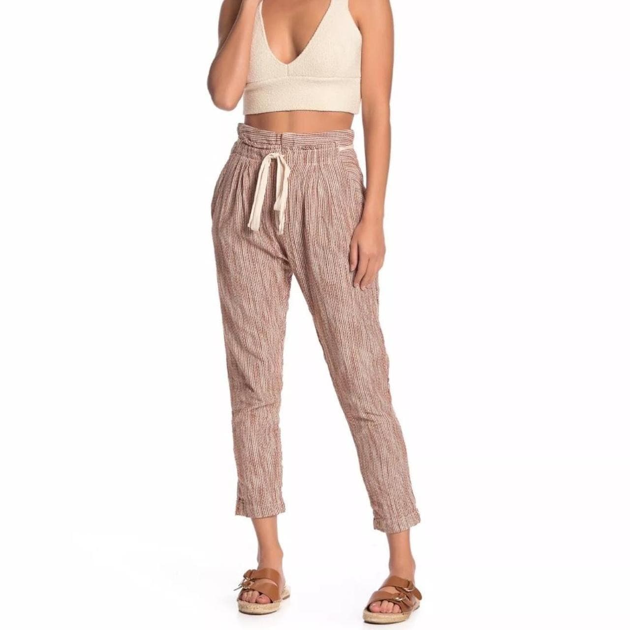 NWT Free People Light At Sunrise High-Rise Pants Drawstring Strip Caraway Sz.2 - Thumbnail 2
