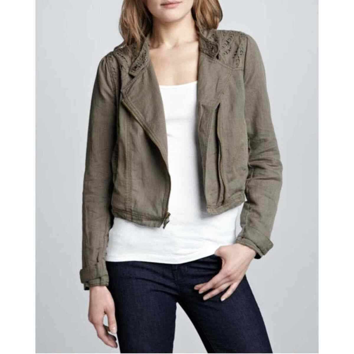 Free People Linen Blend Eyelet Embroidered Crop Biker Jacket Zip Green Womens 10 - Thumbnail 5