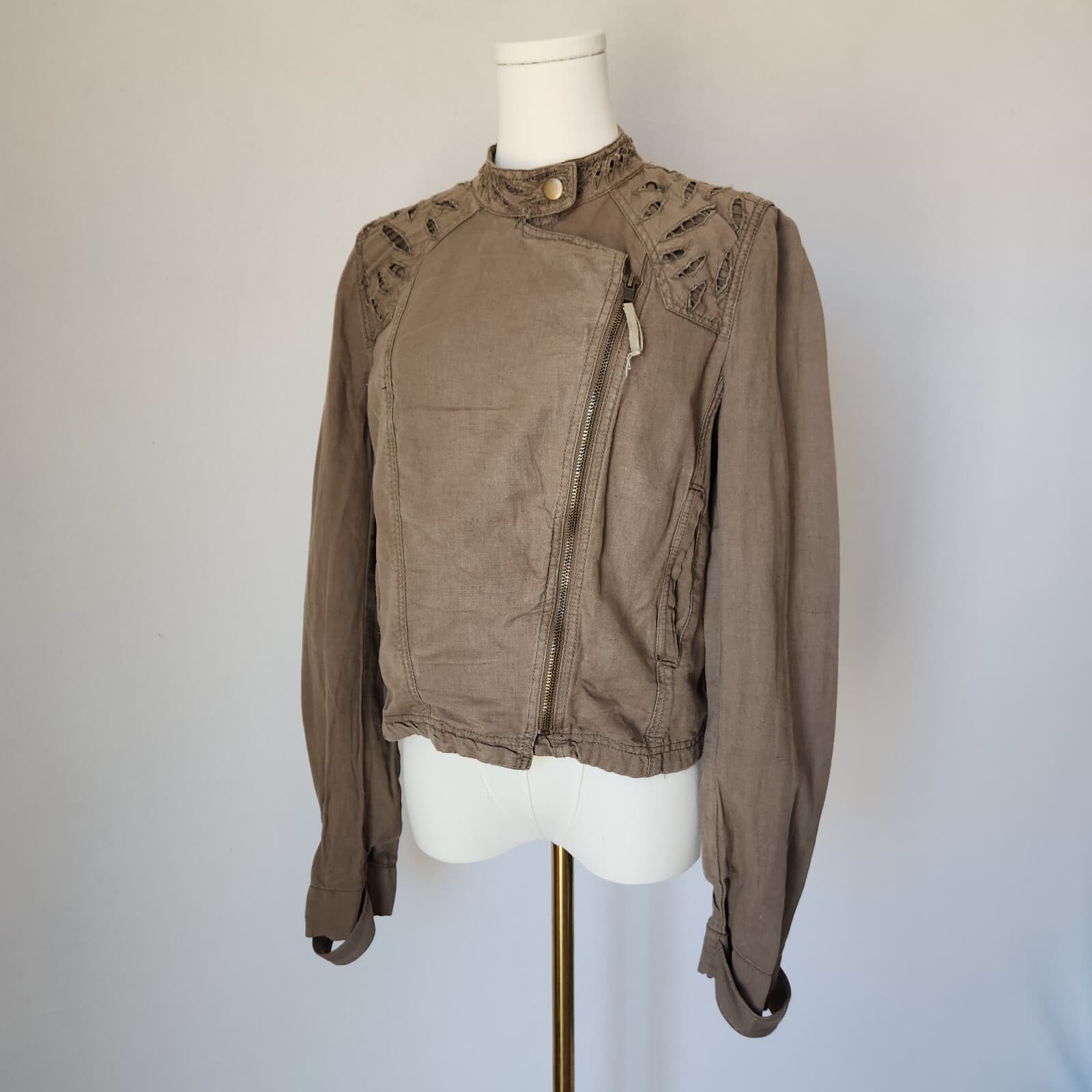 Free People Linen Blend Eyelet Embroidered Crop Biker Jacket Zip Green Womens 10 - Thumbnail 4