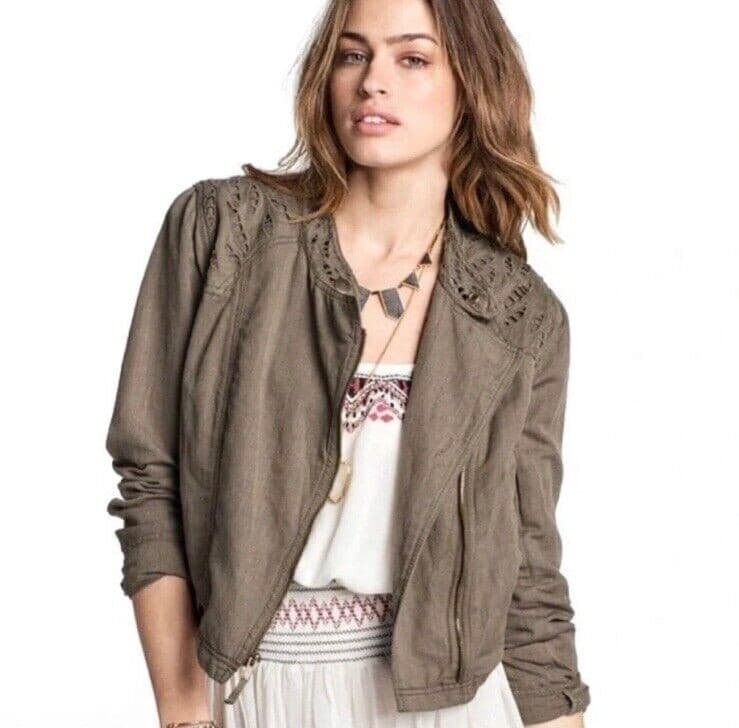 Free People Linen Blend Eyelet Embroidered Crop Biker Jacket Zip Green Womens 10 - Thumbnail 3