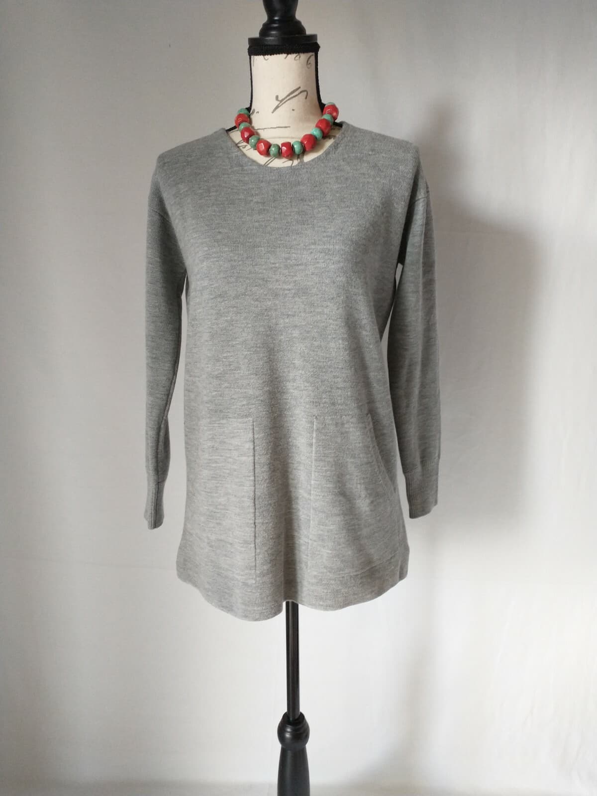 J.Crew 100% Merino Wool Patch Pocket Tunic Sweater Crew Neck Grey Women Size XS - Thumbnail 2