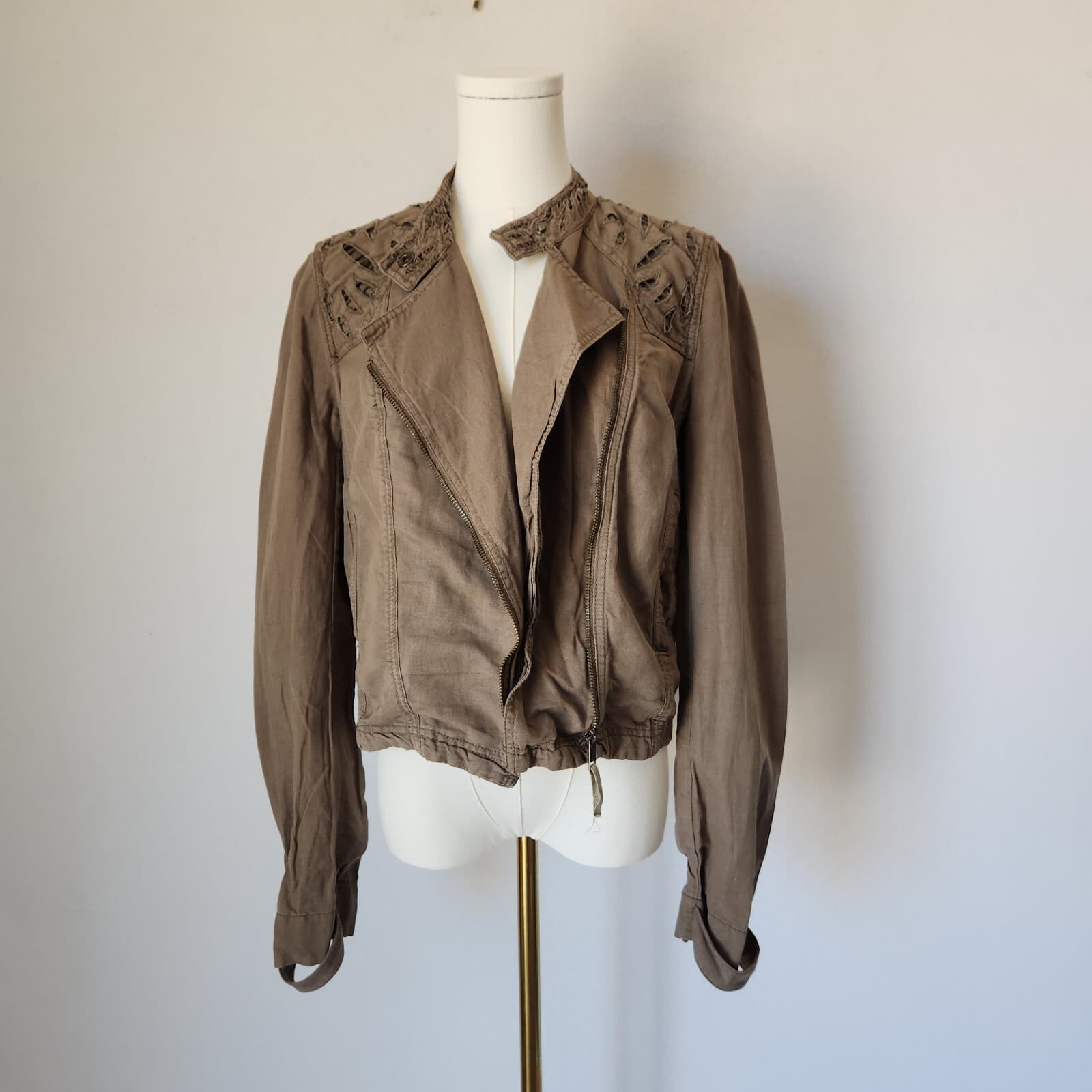 Free People Linen Blend Eyelet Embroidered Crop Biker Jacket Zip Green Womens 10 - Thumbnail 2
