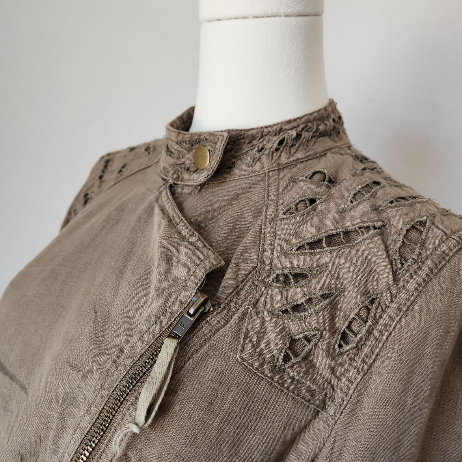 Free People Linen Blend Eyelet Embroidered Crop Biker Jacket Zip Green Womens 10 - Thumbnail 6