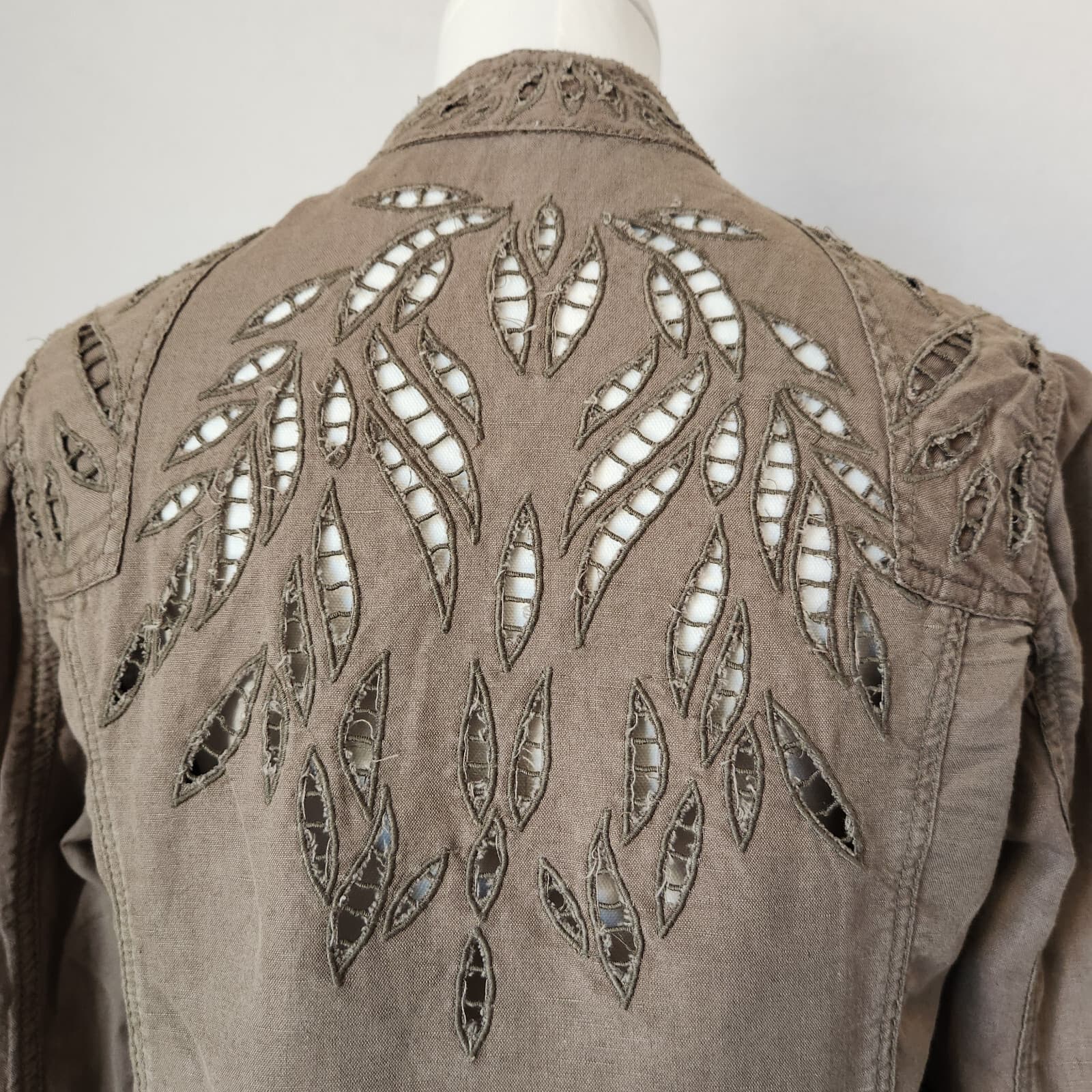 Free People Linen Blend Eyelet Embroidered Crop Biker Jacket Zip Green Womens 10 - Thumbnail 8
