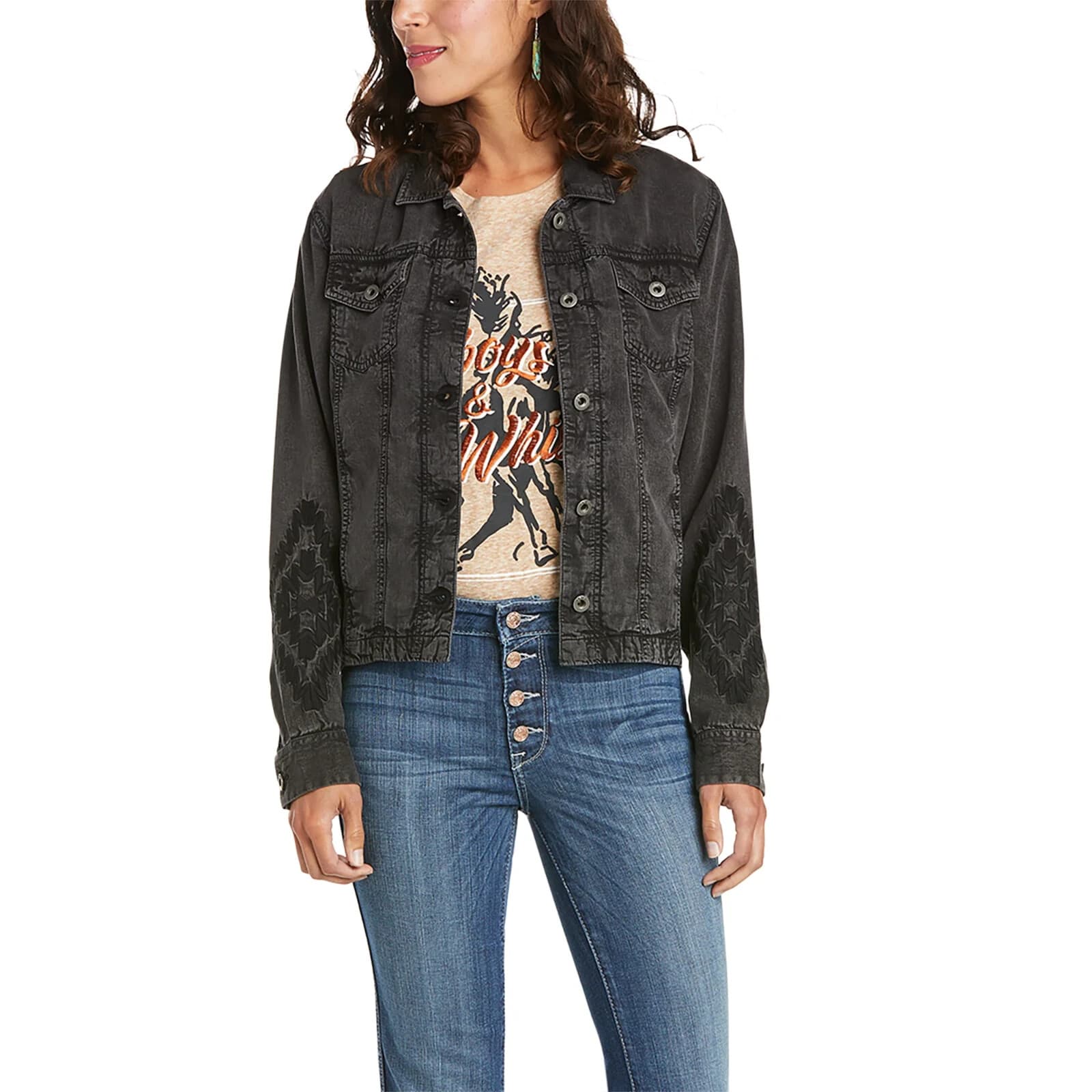Ariat Embroidered Saloon Trucker jacket Long Sleeve Pocket Button Black Womens S - Thumbnail 2