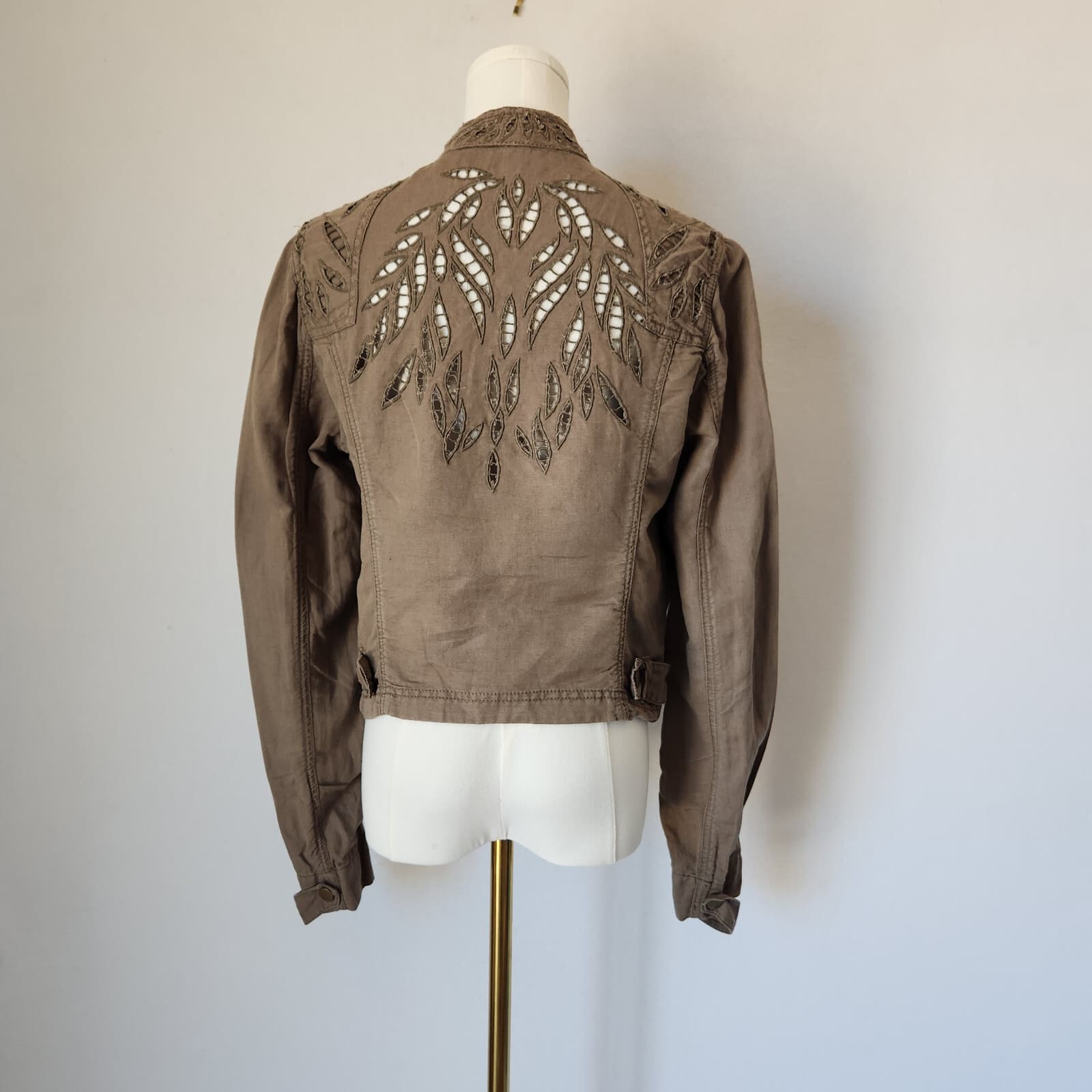Free People Linen Blend Eyelet Embroidered Crop Biker Jacket Zip Green Womens 10 - Thumbnail 7