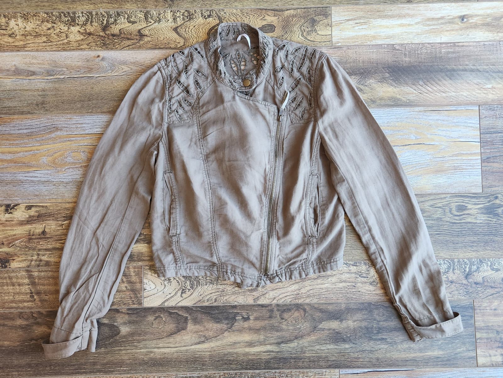 Free People Linen Blend Eyelet Embroidered Crop Biker Jacket Zip Green Womens 10 - Thumbnail 11