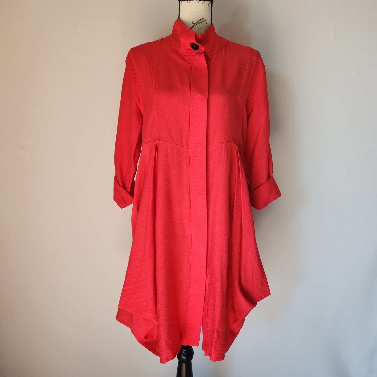 I.C by Connie K Asymmetrical Lagenlook Dress Roll Tap Sleeve Pocket Red Sz.M - Thumbnail 3