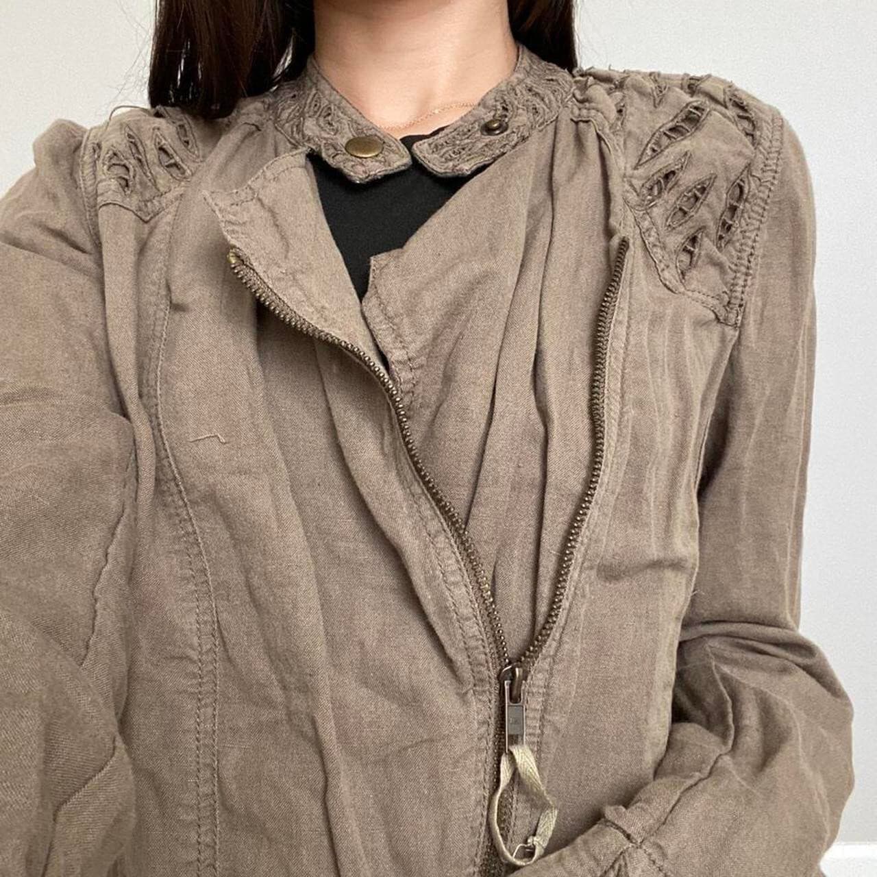 Free People Linen Blend Eyelet Embroidered Crop Biker Jacket Zip Green Womens 10 - Thumbnail 10